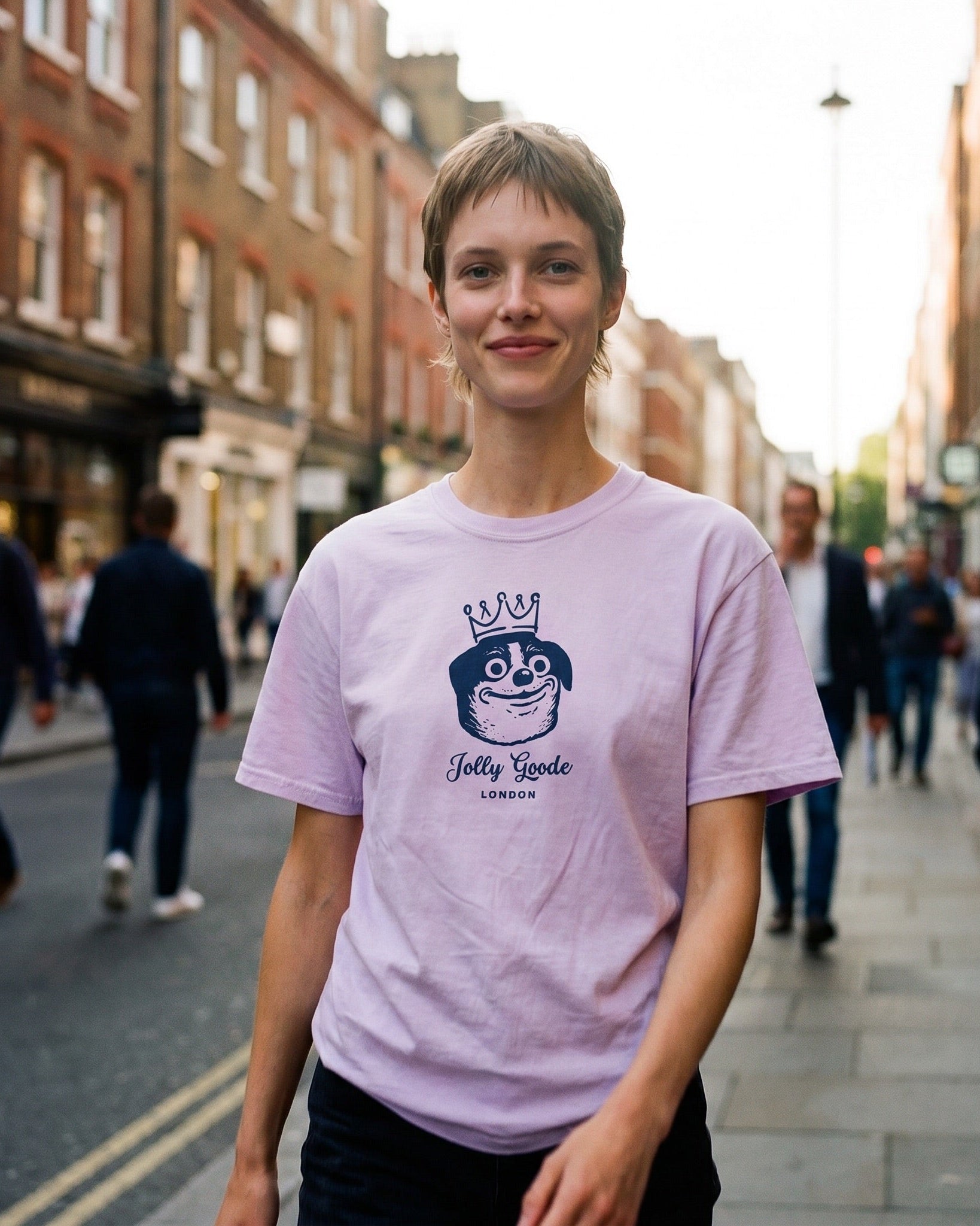 These items feature Jolly Goode, our delightful Crowned Dog. These beloved garments tend to bring a smile wherever one travels, especially in London. Jolly Goode! Cheers.