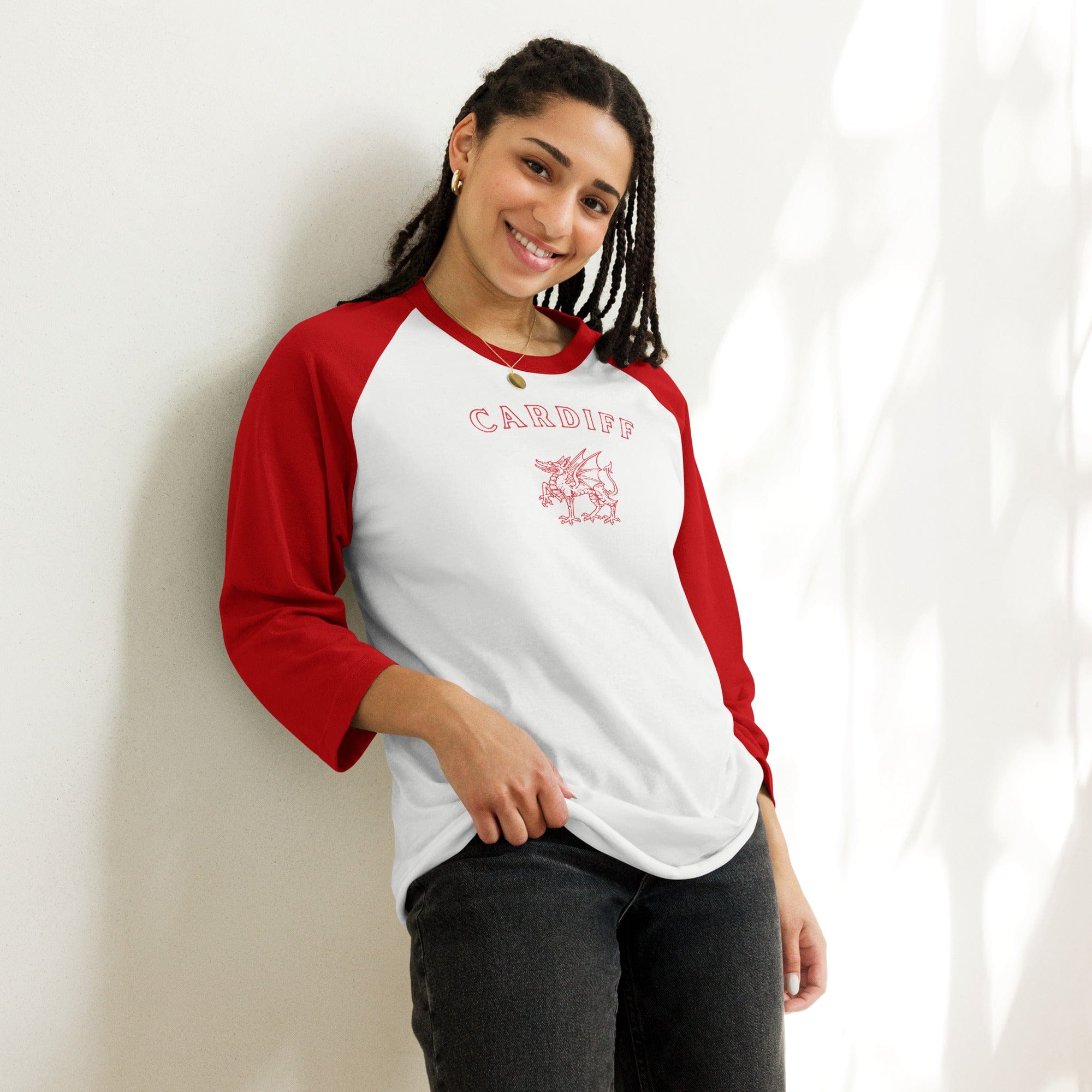 Cardiff Dragon 3/4 Sleeve Raglan Shirt White/Red / XS unisex raglan shirts Jolly & Goode