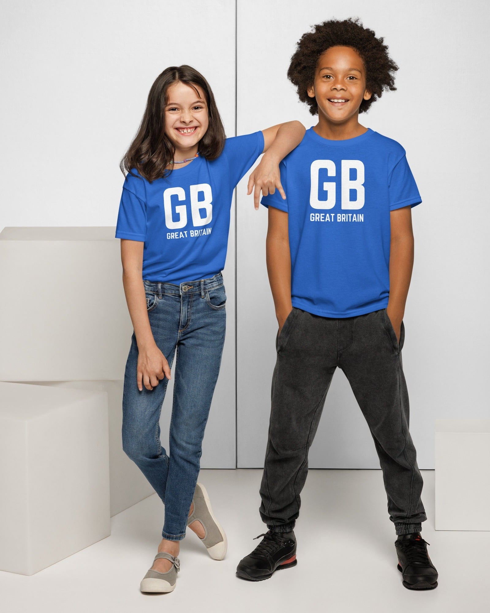 GB Great Britain T-shirt with Small Union Jack on The Back | Athletic Youth Tee Royal / XS kids shirts Jolly & Goode