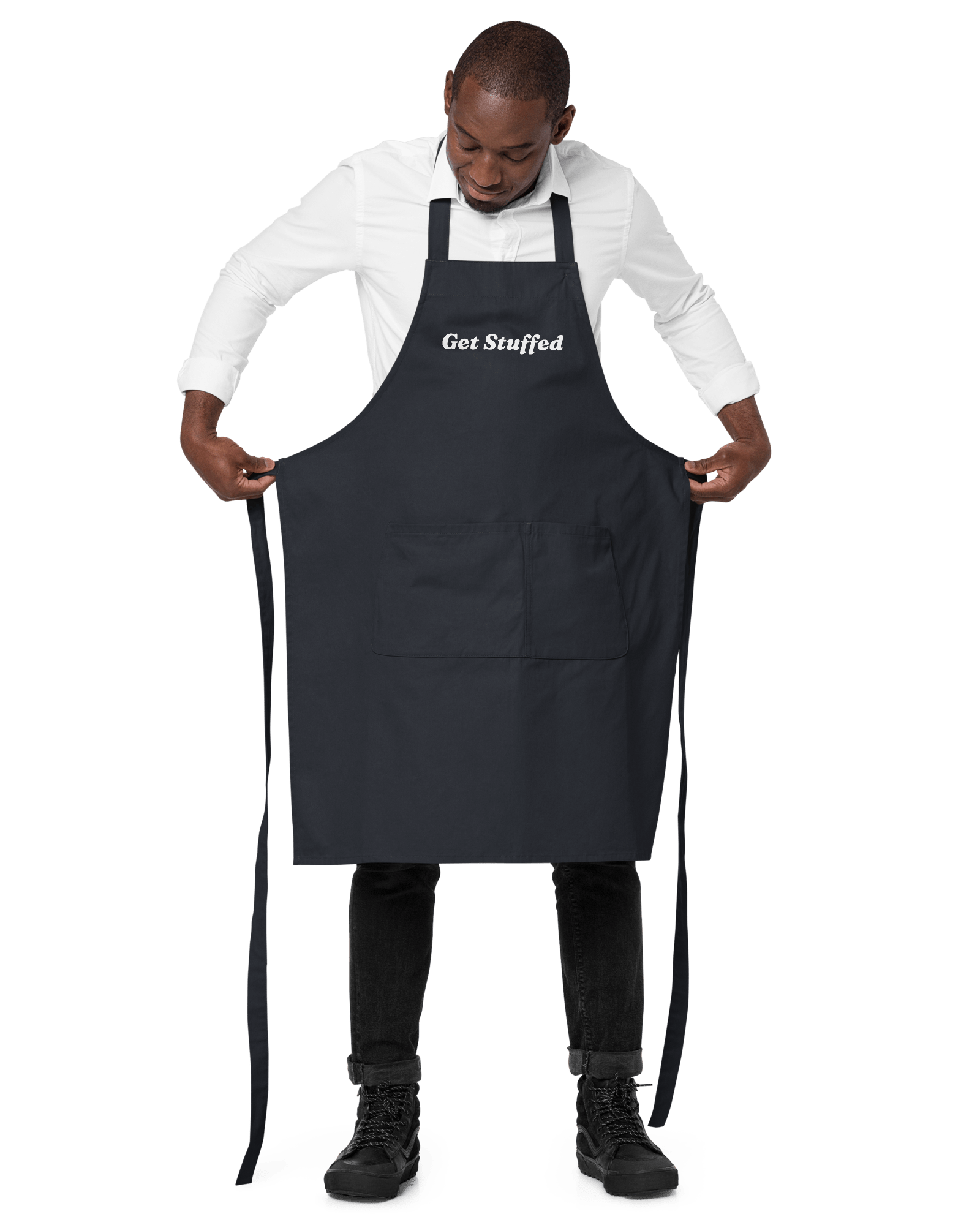 Jolly & Goode Aprons Navy Get Stuffed Organic Cotton Apron Cheeky British Style