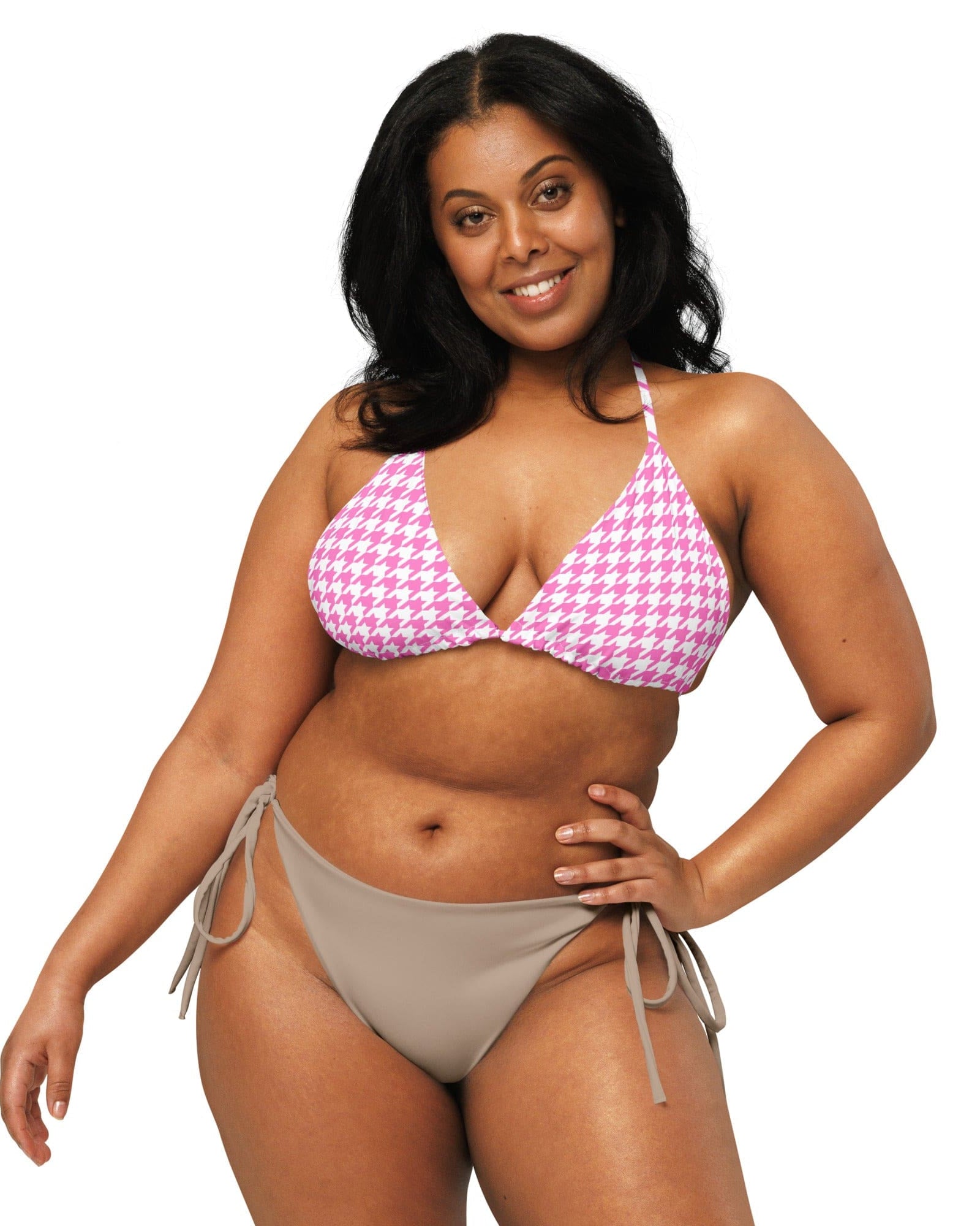 Jolly & Goode Bikini Top Tweedkini String Bikini Top | Pink Houndstooth Cheeky British Style