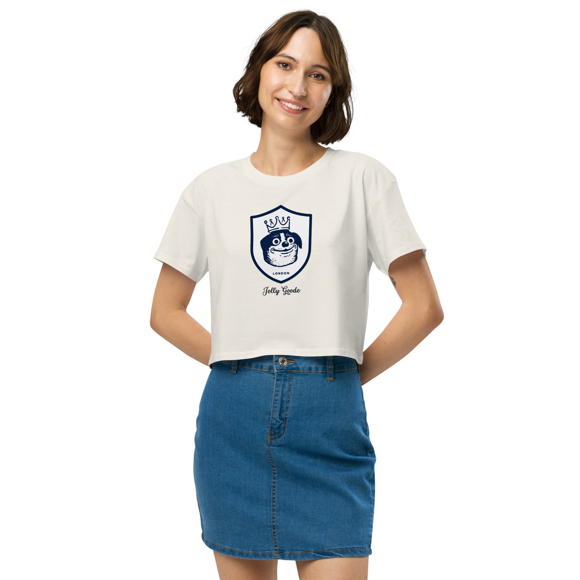 Jolly & Goode Crop Tops Ecru / XS Jolly Goode London Crowned Dog Shield Crop Top Cheeky British Style