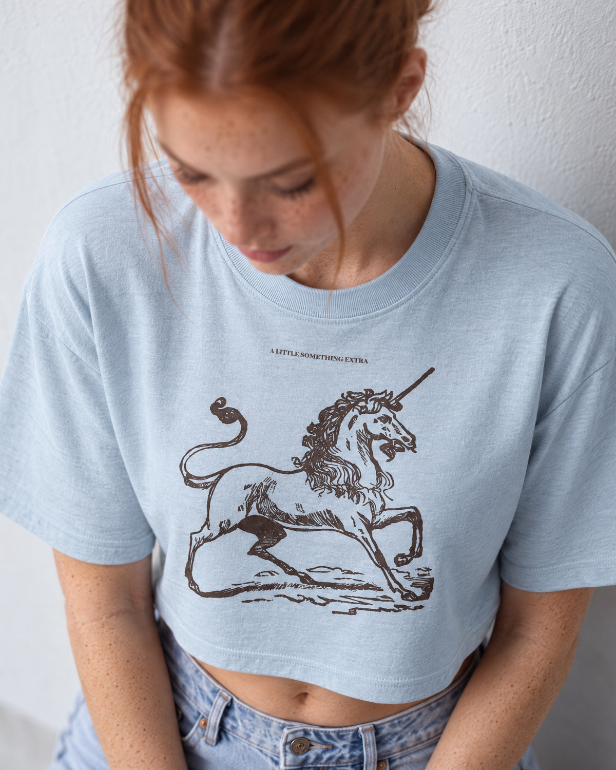 Jolly & Goode Crop Tops Light Washed Denim / S A Little Something Extra Unicorn Cropped Tee Cheeky British Style