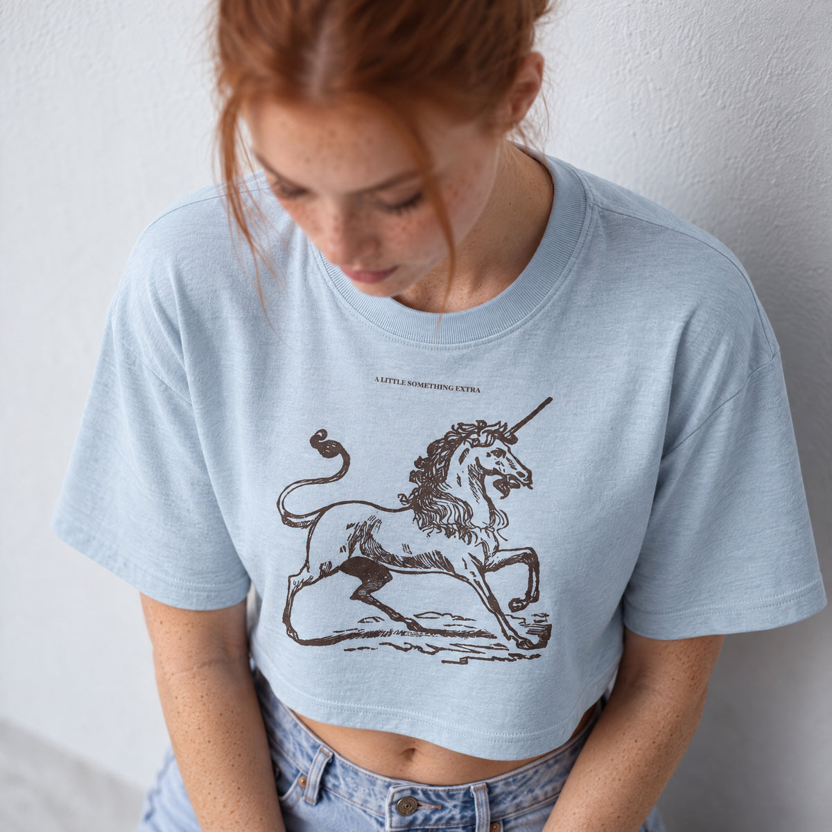 Jolly & Goode Crop Tops Light Washed Denim / S A Little Something Extra Unicorn Cropped Tee Cheeky British Style