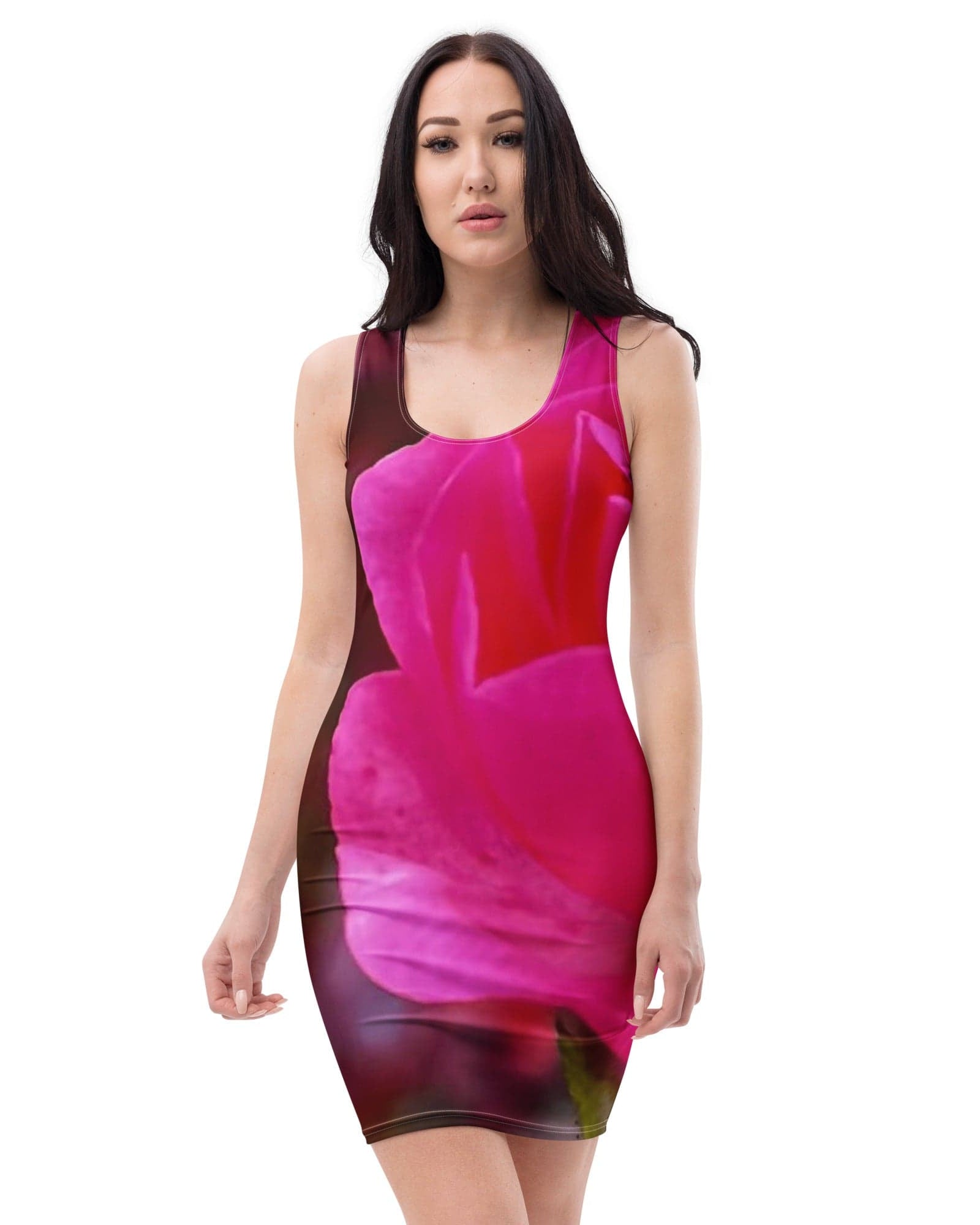 Jolly & Goode Fitted Dress XS Pink & Red Rose Bodycon Dress | Body Contour Dress Cheeky British Style