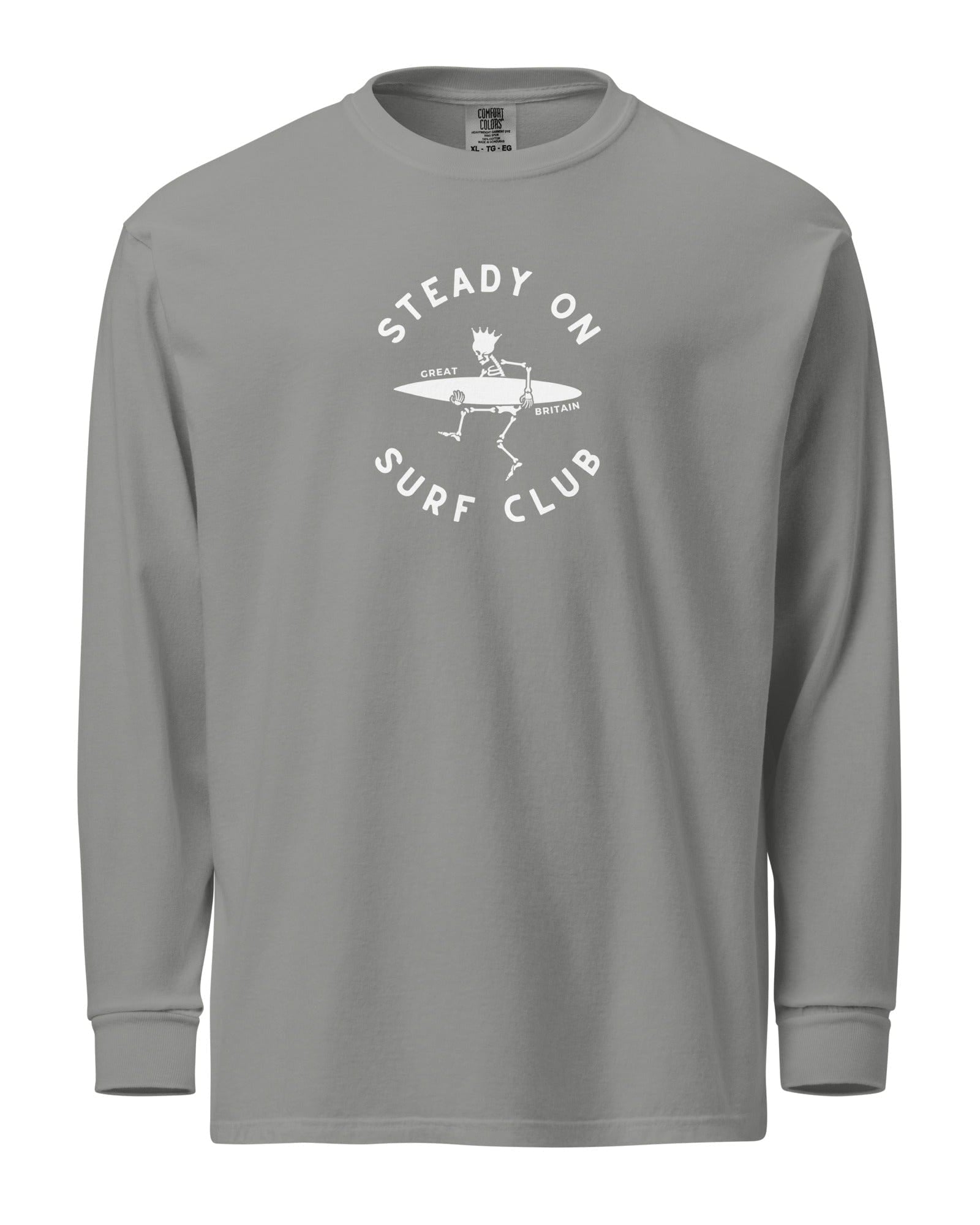 Jolly & Goode long sleeve shirts Grey / S Steady On Surf Club | Great Britain | Skeleton Surf King | Garment-dyed Heavyweight Long-Sleeve Shirt Cheeky British Style
