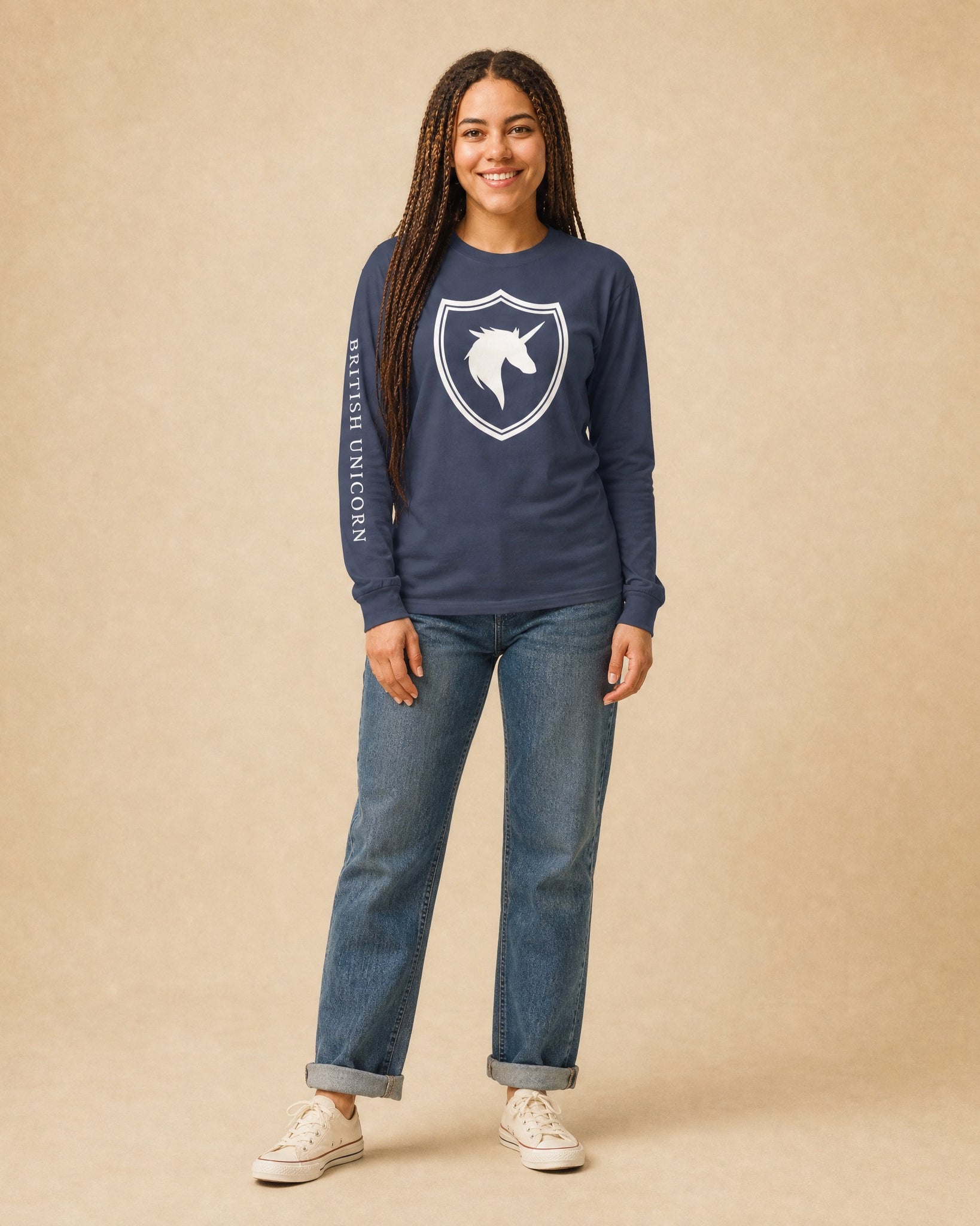 Jolly & Goode long sleeve shirts Navy / S British Unicorn Shield | Garment-dyed Long-Sleeve Shirt Cheeky British Style