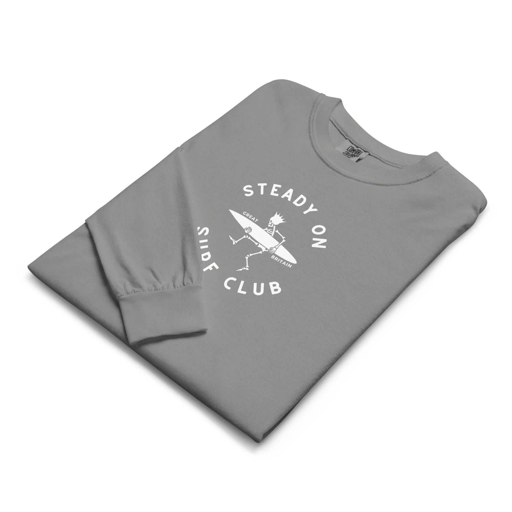 Jolly & Goode long sleeve shirts Steady On Surf Club | Great Britain | Skeleton Surf King | Garment-dyed Heavyweight Long-Sleeve Shirt Cheeky British Style