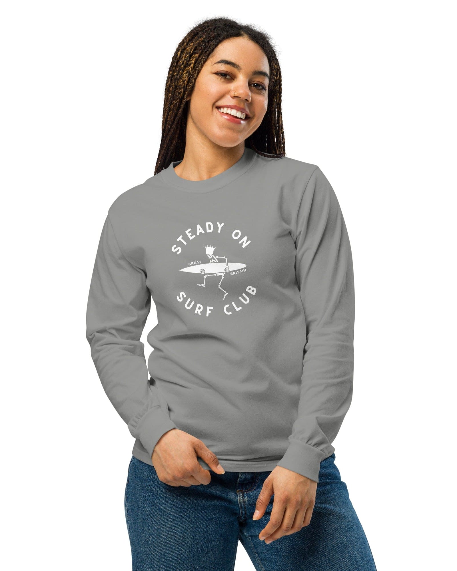 Jolly & Goode long sleeve shirts Steady On Surf Club | Great Britain | Skeleton Surf King | Garment-dyed Heavyweight Long-Sleeve Shirt Cheeky British Style