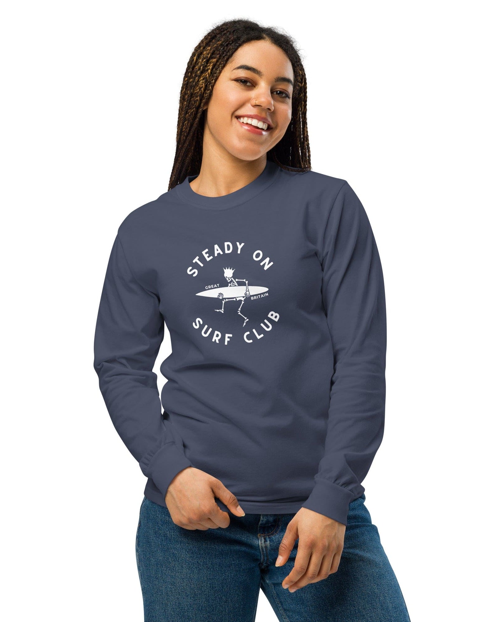 Jolly & Goode long sleeve shirts Steady On Surf Club | Great Britain | Skeleton Surf King | Garment-dyed Heavyweight Long-Sleeve Shirt Cheeky British Style
