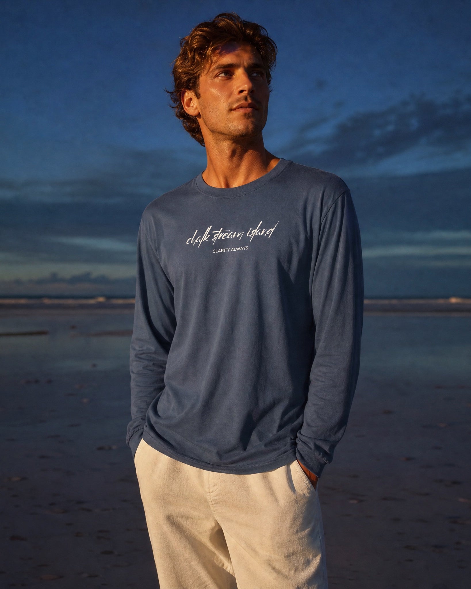 Jolly & Goode long sleeve shirts Washed Navy / XS Chalk Stream Island | Clarity Always | Long Sleeve Tee Cheeky British Style