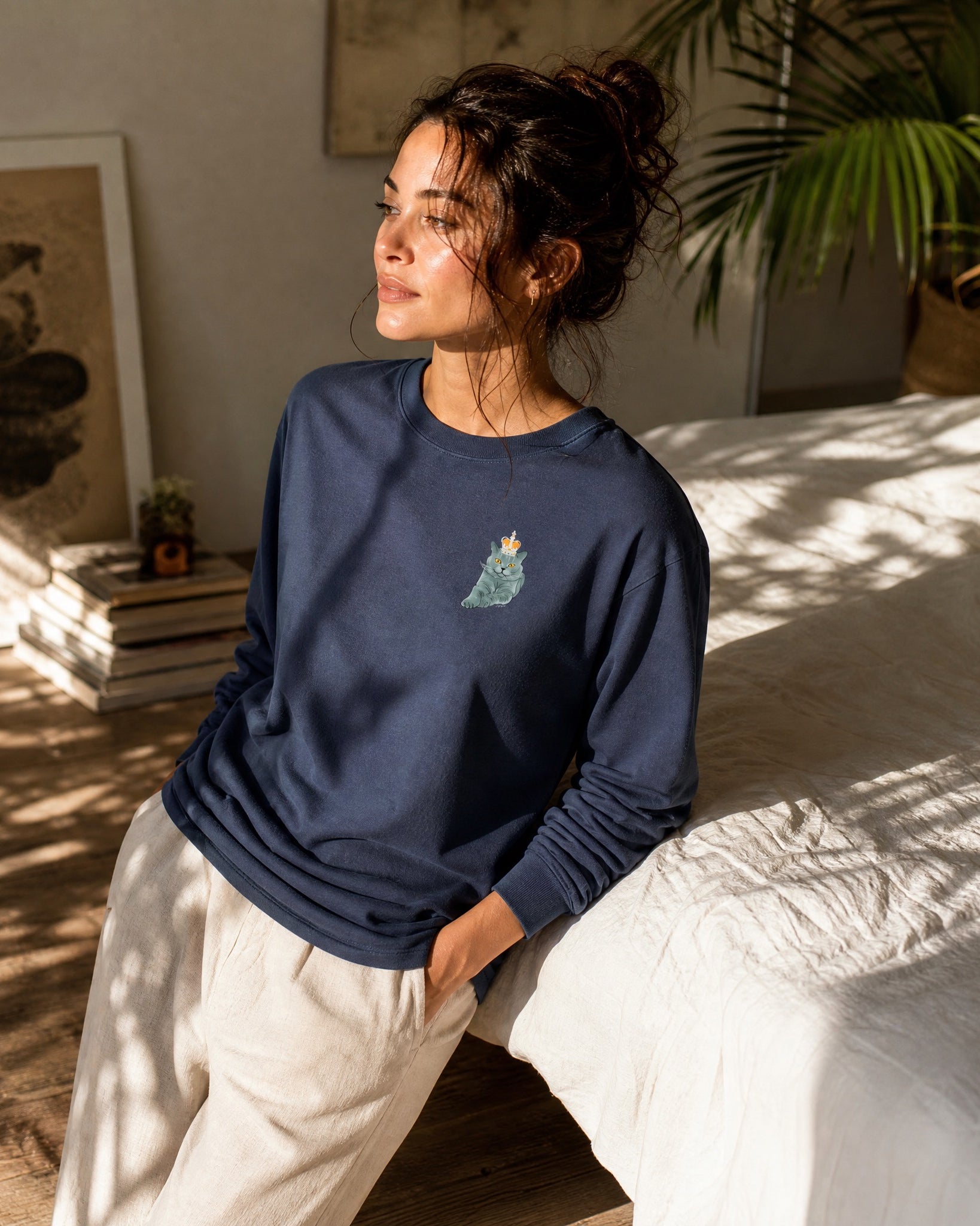 Jolly & Goode long sleeve shirts Washed Navy / XS Crowned British Blue Cat Long Sleeve Tee | Garment Dyed | Unisex Cheeky British Style