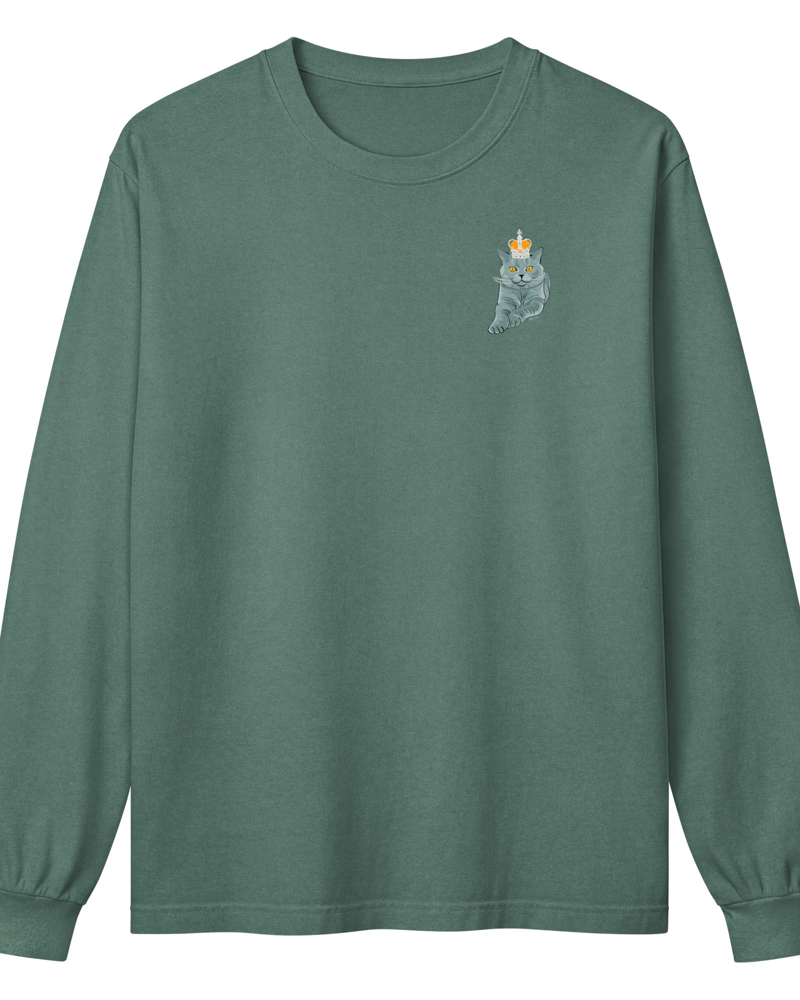 Jolly & Goode long sleeve shirts Washed Pine / XS Crowned British Blue Cat Long Sleeve Tee | Garment Dyed | Unisex Cheeky British Style