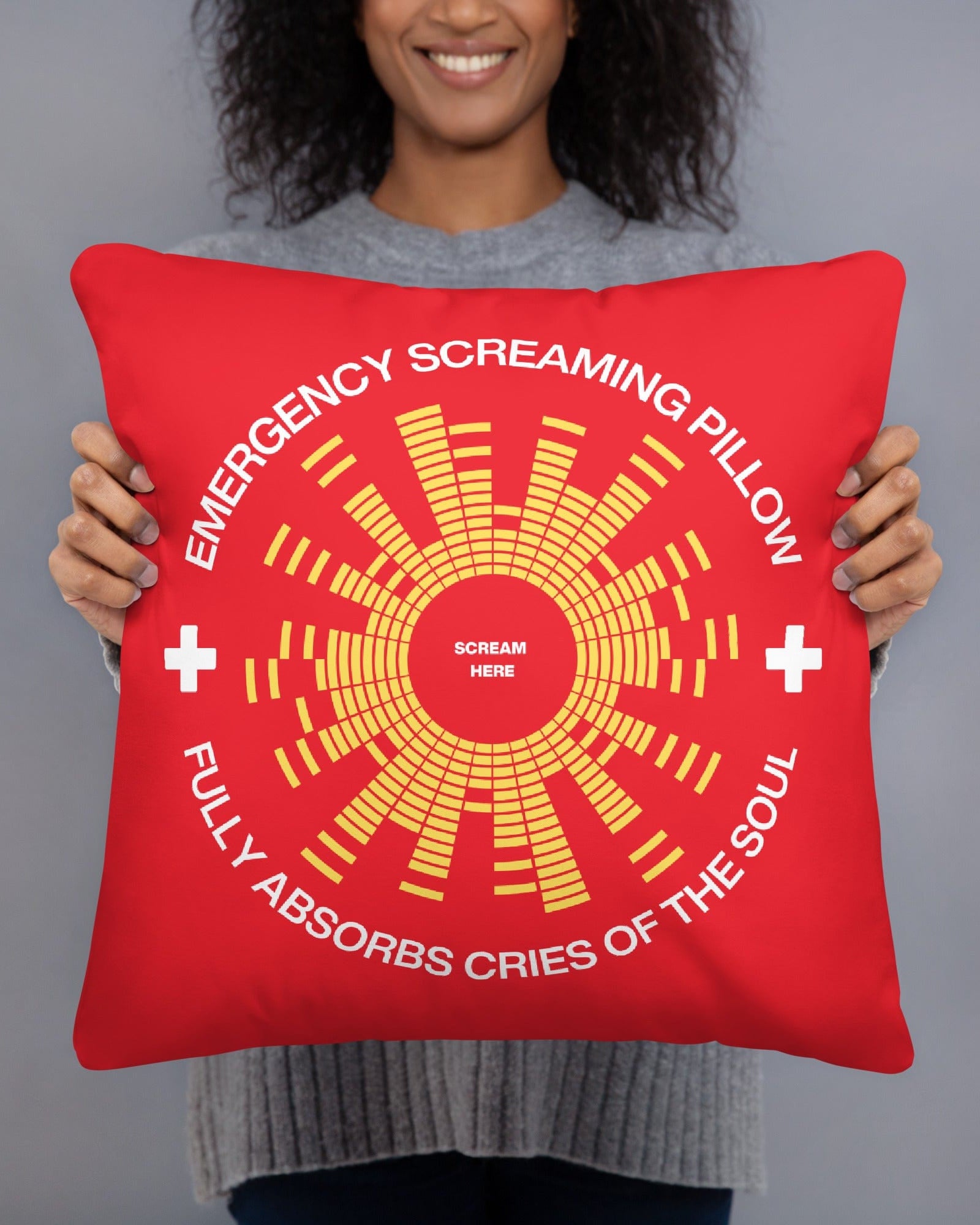 Jolly & Goode Pillow 18″×18″ Emergency Screaming Pillow in Safety Red Cheeky British Style