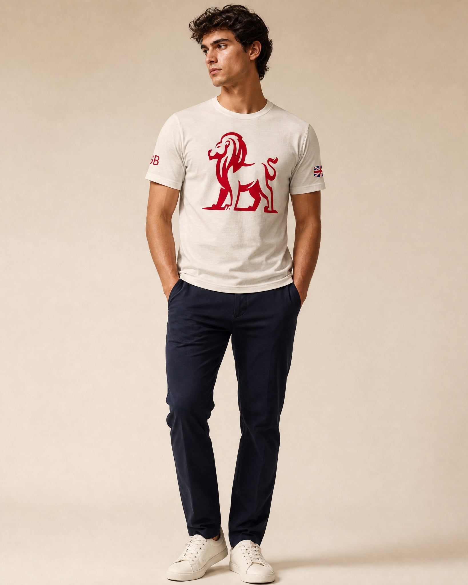 Jolly & Goode Shirts & Tops Heather Dust / S GB Lion Tee | Union Jack sleeve Cheeky British Style