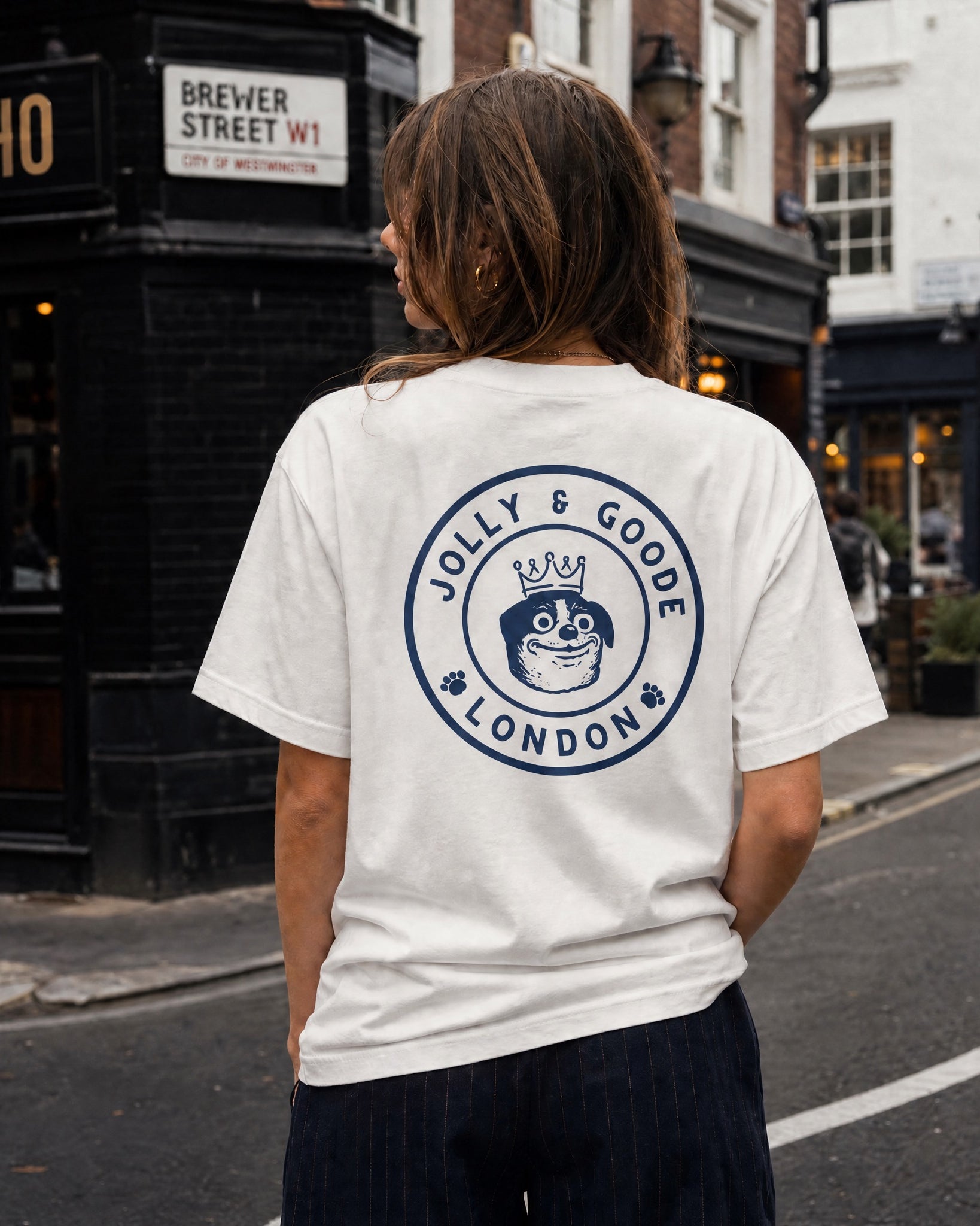 Jolly & Goode Shirts & Tops Natural / S Jolly & Goode London Crowned Dog T-Shirt | Large Back Print Cheeky British Style