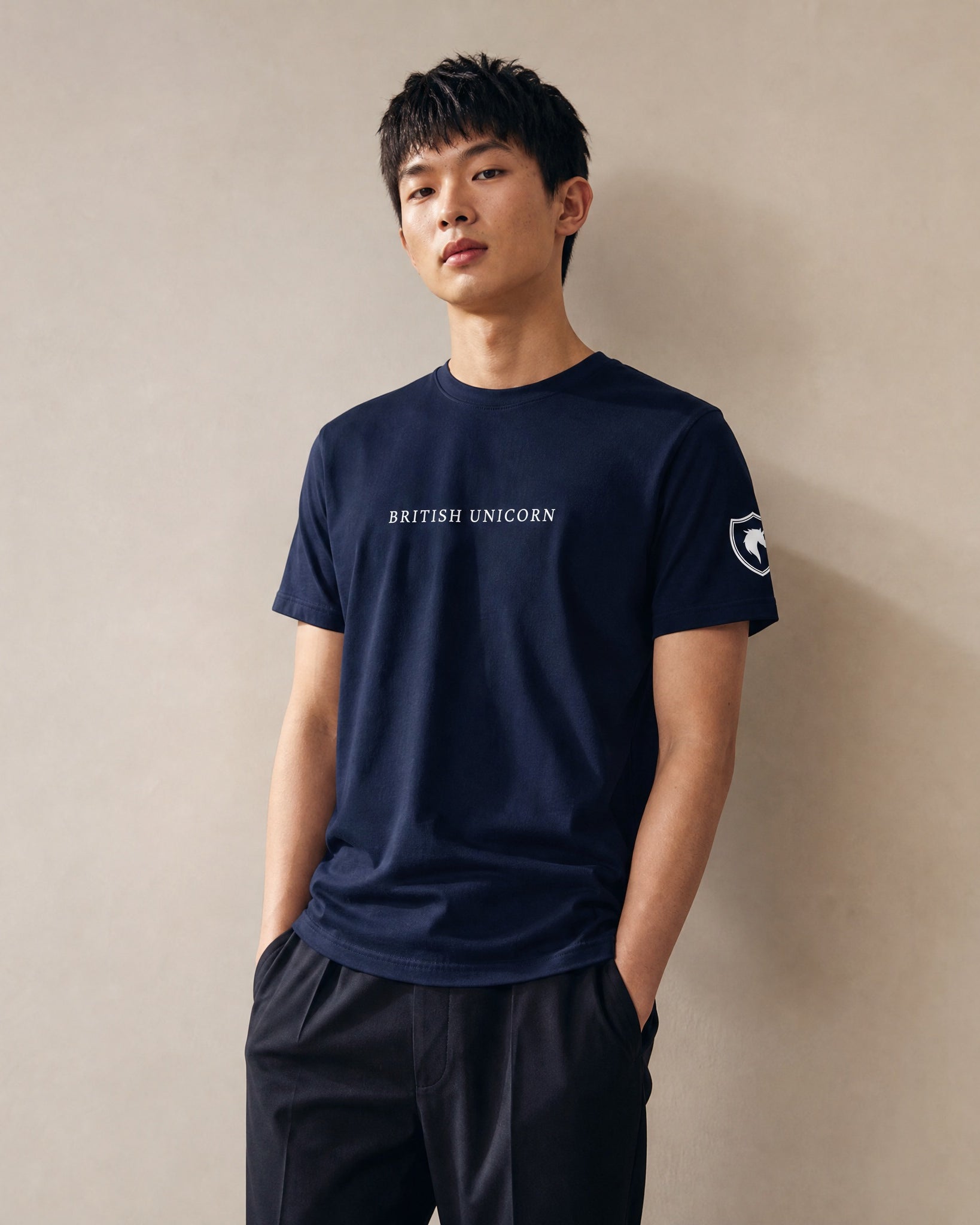 Jolly & Goode Shirts & Tops Navy / S British Unicorn Tee with Shield on Sleeve Cheeky British Style