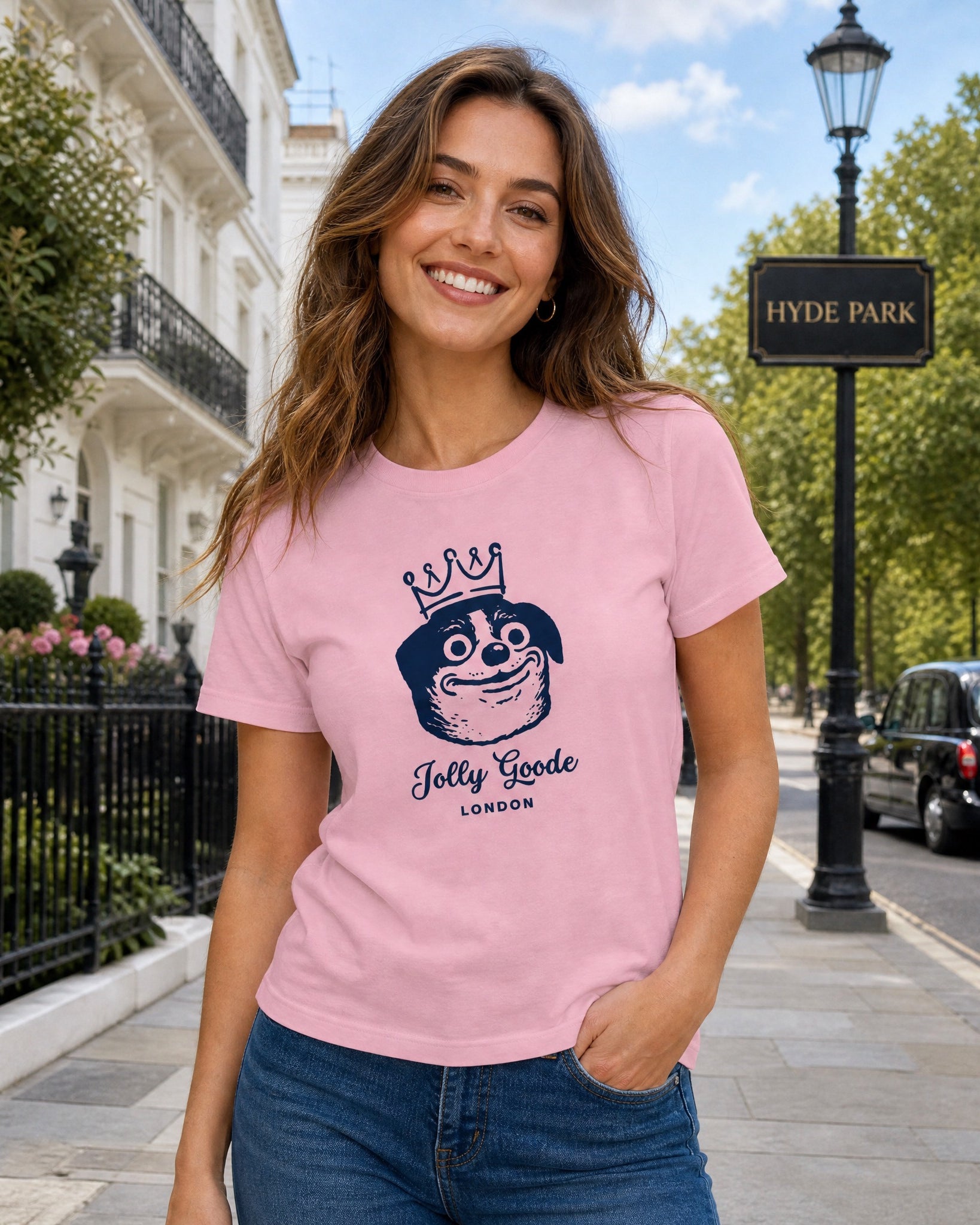 Jolly & Goode Shirts & Tops Pink / S Jolly Goode London, Crowned Dog, Women's Tee Cheeky British Style