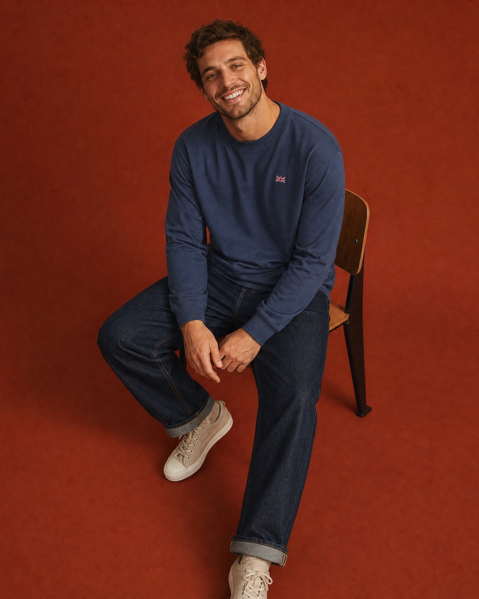 Jolly & Goode Subtle Union Jack Long Sleeve Tee | Garment Dyed Cheeky British Style