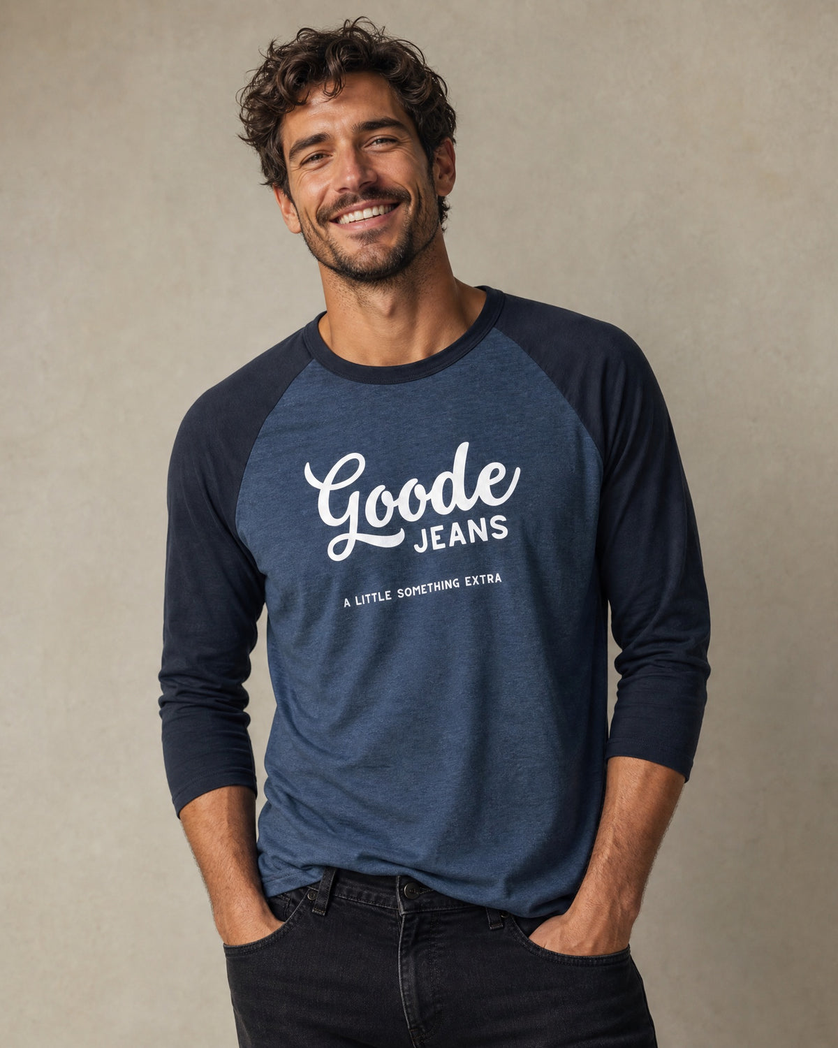 Jolly & Goode unisex raglan shirts Heather Denim/Navy / XS Goode Jeans | A Little Something Extra | 3/4 Sleeve Raglan Shirt Cheeky British Style