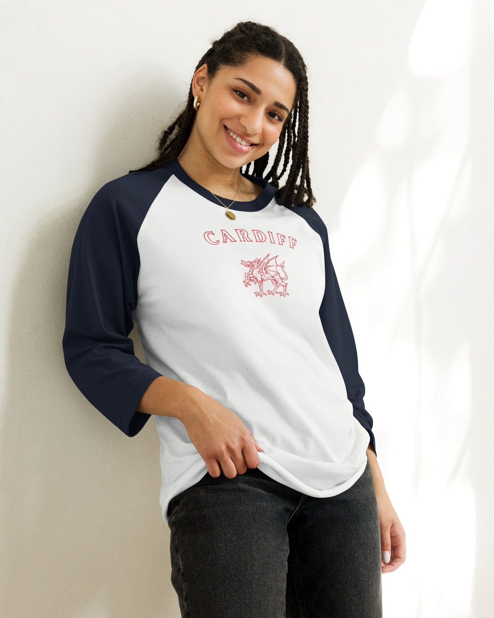 Jolly & Goode unisex raglan shirts White/Navy / XS Cardiff Dragon 3/4 Sleeve Raglan Shirt Cheeky British Style