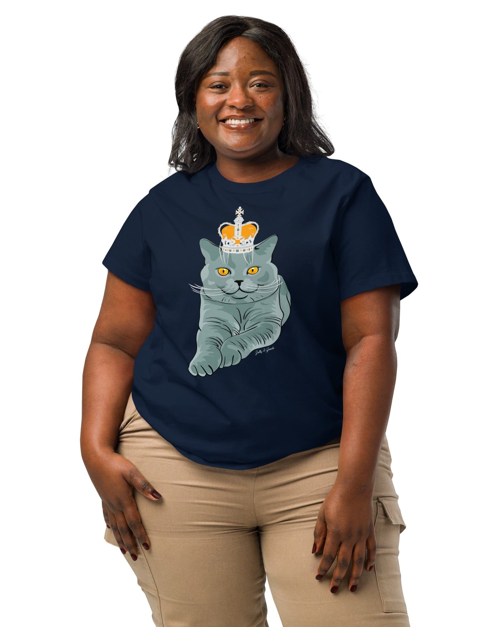 Jolly & Goode Women's Shirts Crowned British Blue Shorthair Cat T-Shirt | Women’s Organic Cotton Tee Cheeky British Style