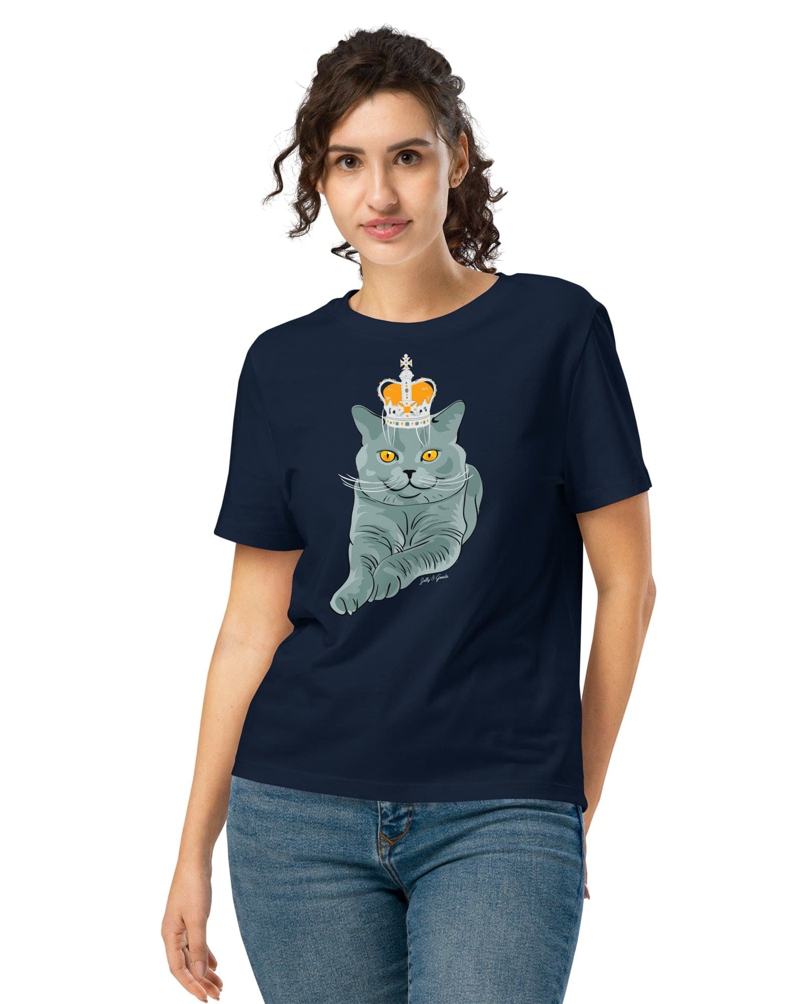 Jolly & Goode Women's Shirts French Navy / S Crowned British Blue Shorthair Cat T-Shirt | Women’s Organic Cotton Tee Cheeky British Style
