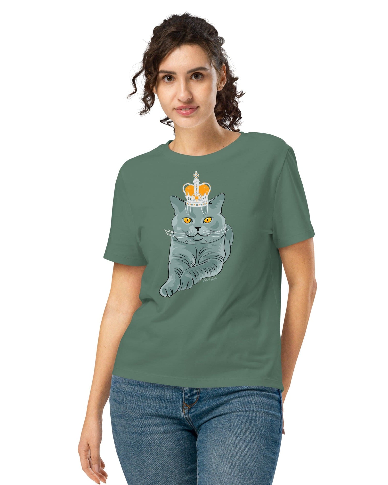 Jolly & Goode Women's Shirts Green Bay / S Crowned British Blue Shorthair Cat T-Shirt | Women’s Organic Cotton Tee Cheeky British Style
