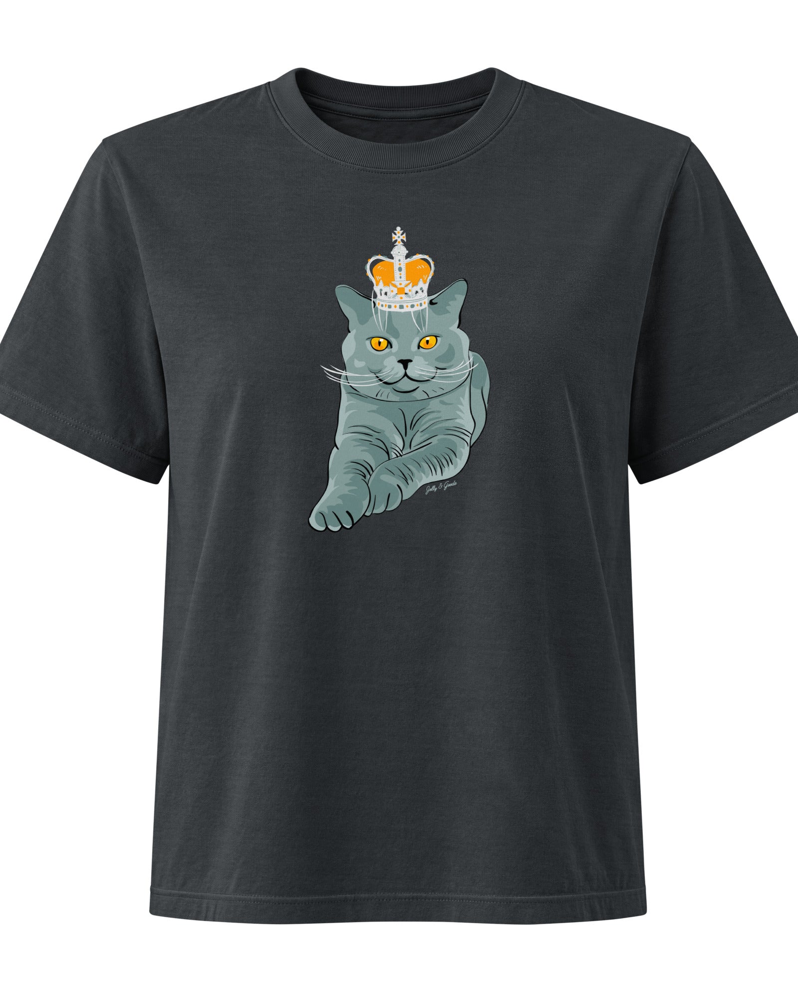 Jolly & Goode Women's Shirts Washed Black / S Women's Crowned British Blue Cat Tee | Garment Dyed Cheeky British Style