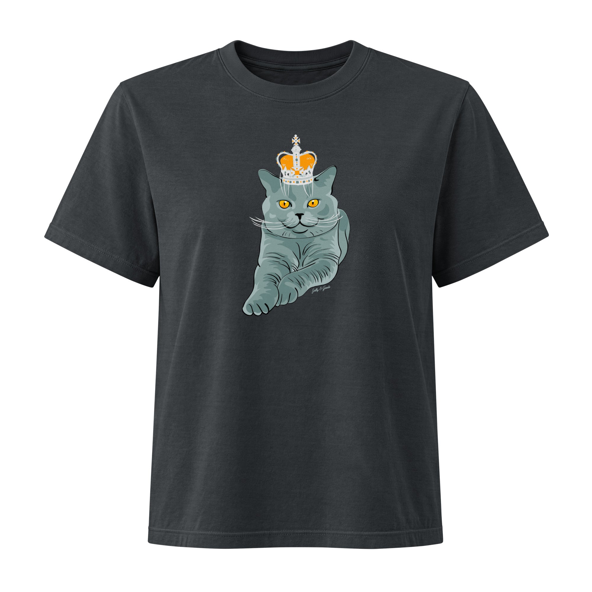 Jolly & Goode Women's Shirts Washed Black / S Women's Crowned British Blue Cat Tee | Garment Dyed Cheeky British Style
