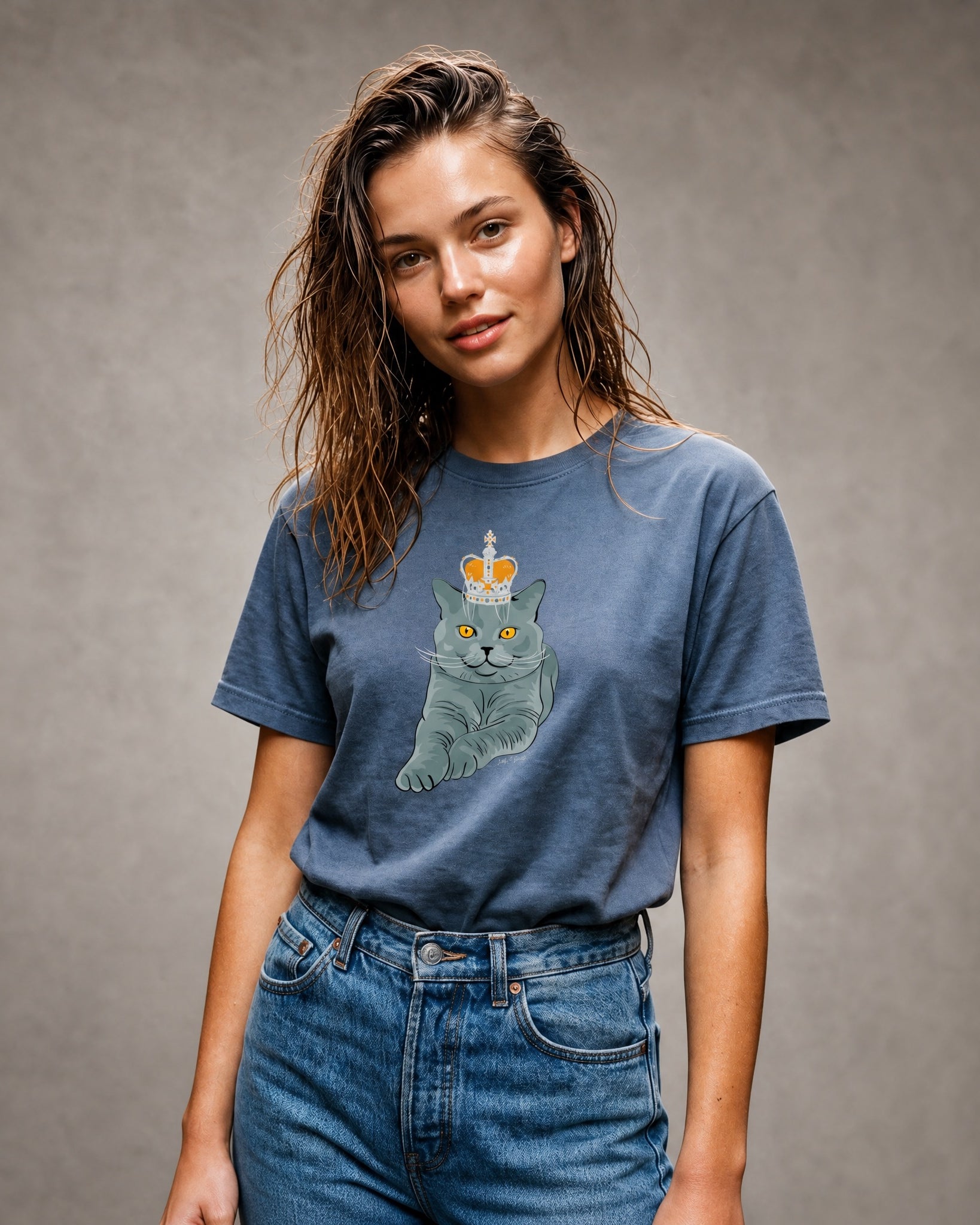 Jolly & Goode Women's Shirts Washed Navy / S Women's Crowned British Blue Cat Tee | Garment Dyed Cheeky British Style