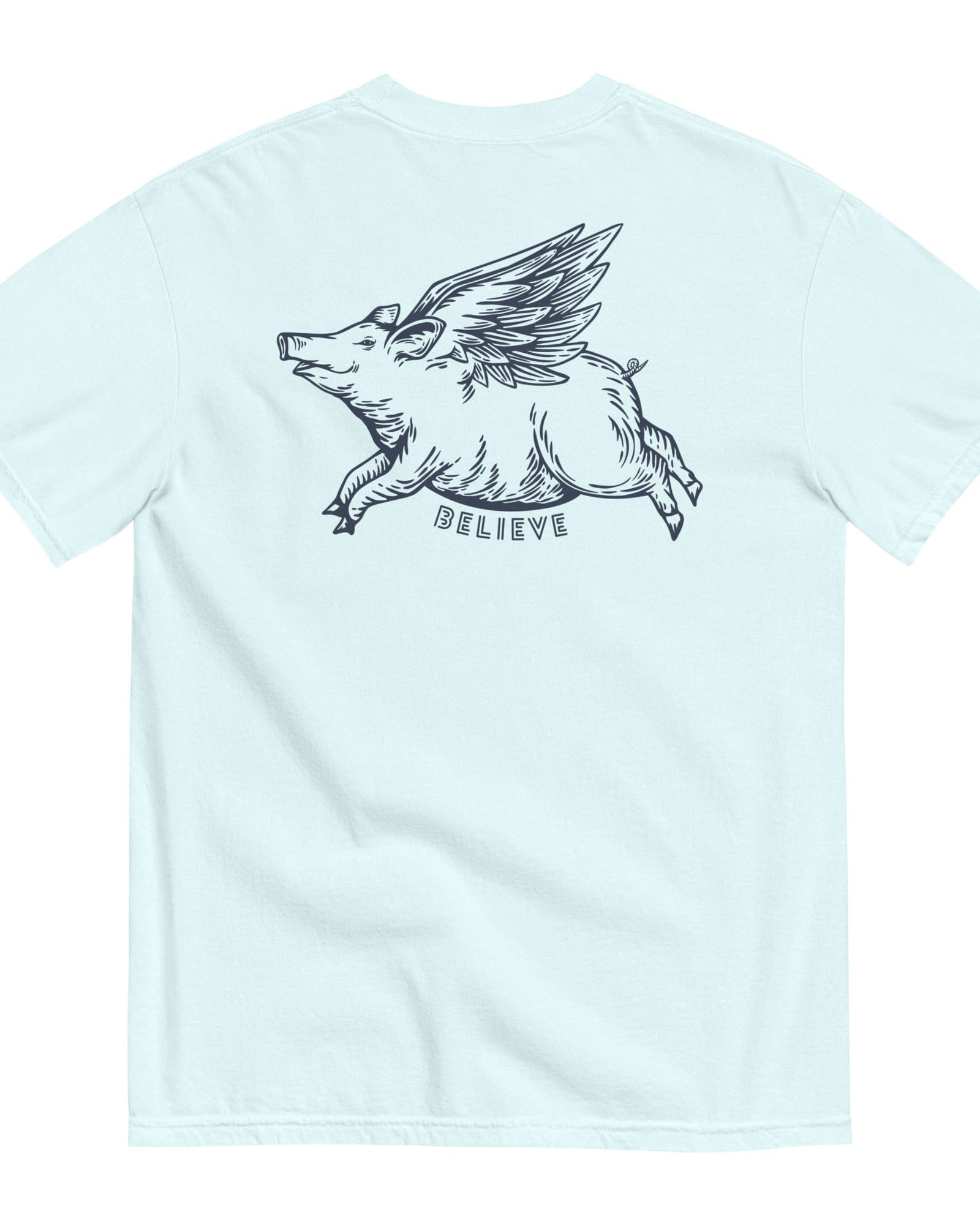Oliver Jolly 'Believe' Flying Pig T-shirt | When pigs fly | Garment-dyed heavyweight cotton | Unisex.