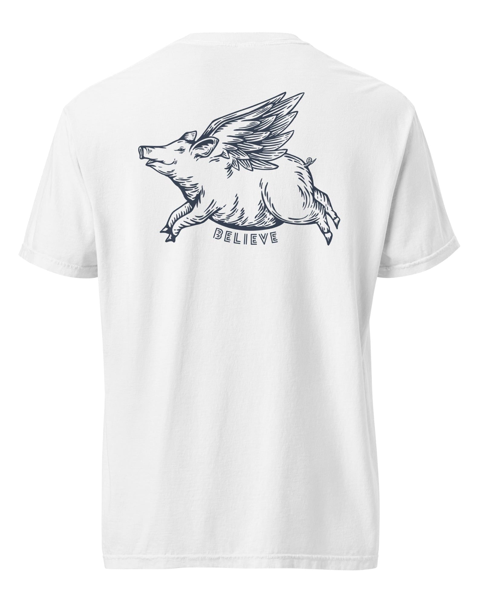 Oliver Jolly 'Believe' Flying Pig T-shirt | When pigs fly | Garment-dyed heavyweight cotton | Unisex.