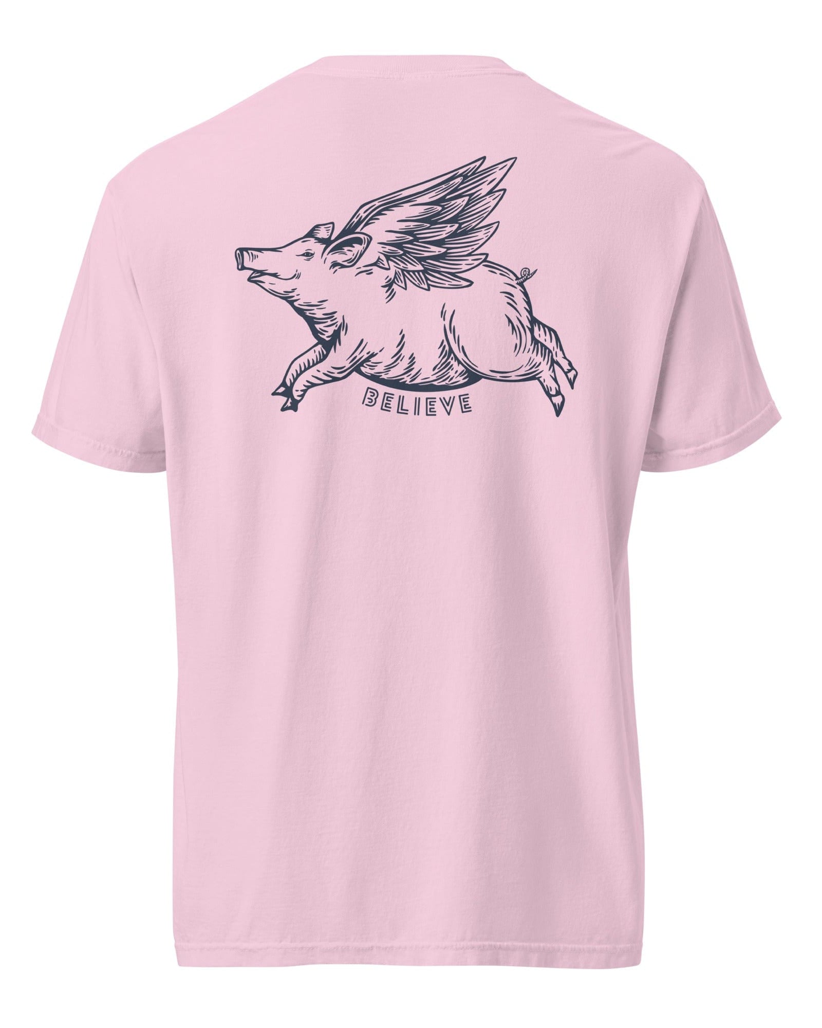 Oliver Jolly 'Believe' Flying Pig T-shirt | When pigs fly | Garment-dyed heavyweight cotton | Unisex.
