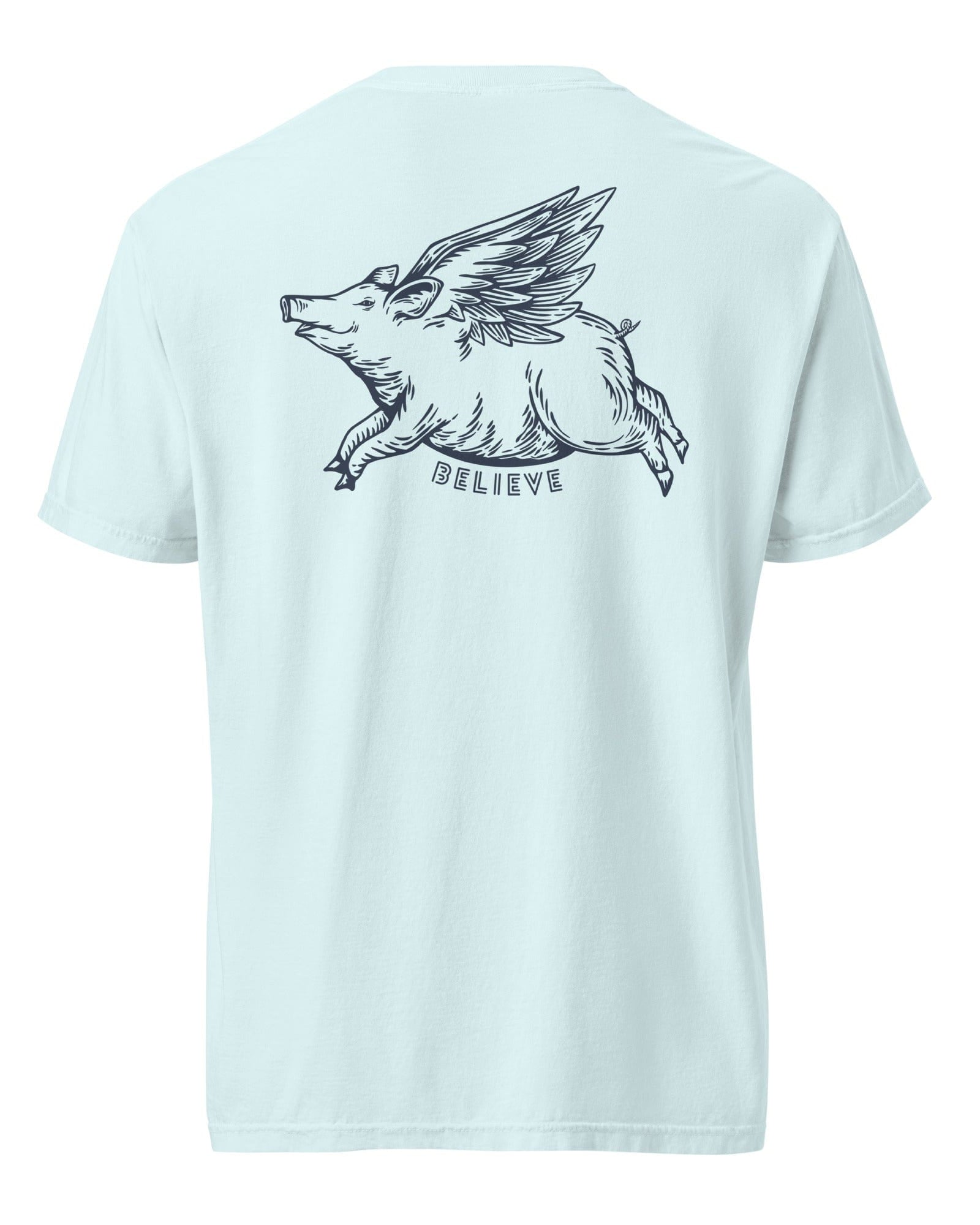 Oliver Jolly 'Believe' Flying Pig T-shirt | When pigs fly | Garment-dyed heavyweight cotton | Unisex.