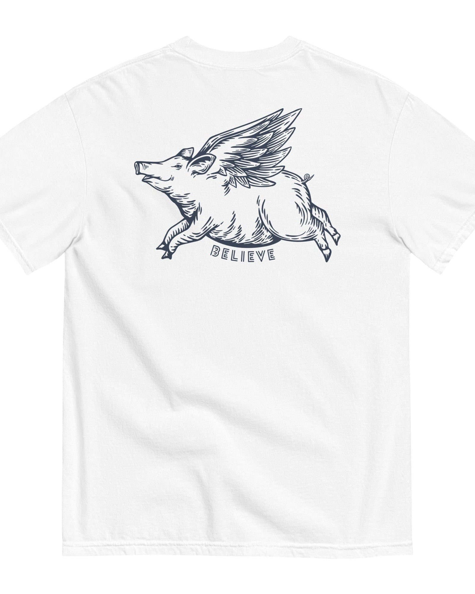 Oliver Jolly 'Believe' Flying Pig T-shirt | When pigs fly | Garment-dyed heavyweight cotton | Unisex.