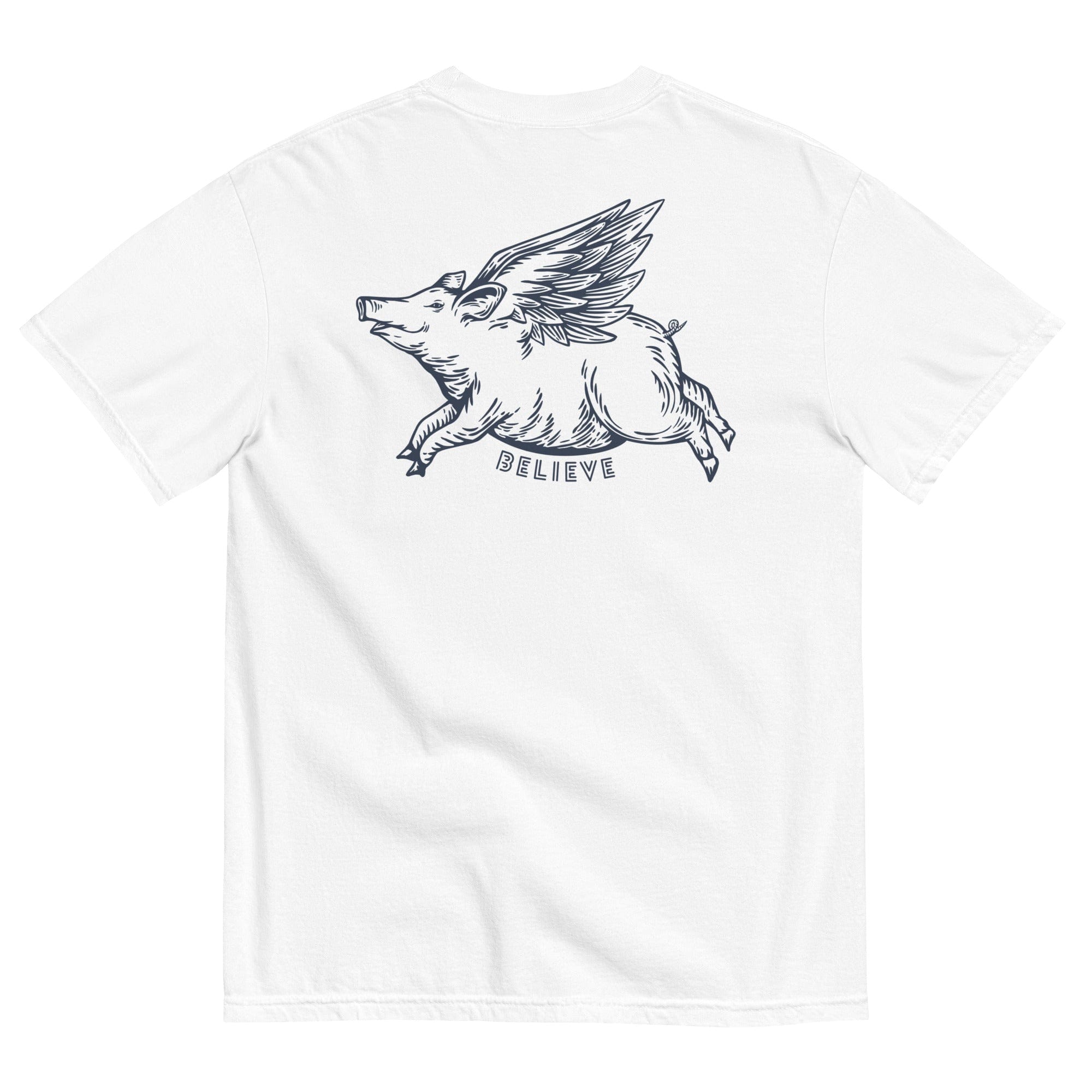 Oliver Jolly 'Believe' Flying Pig T-shirt | When pigs fly | Garment-dyed heavyweight cotton | Unisex.
