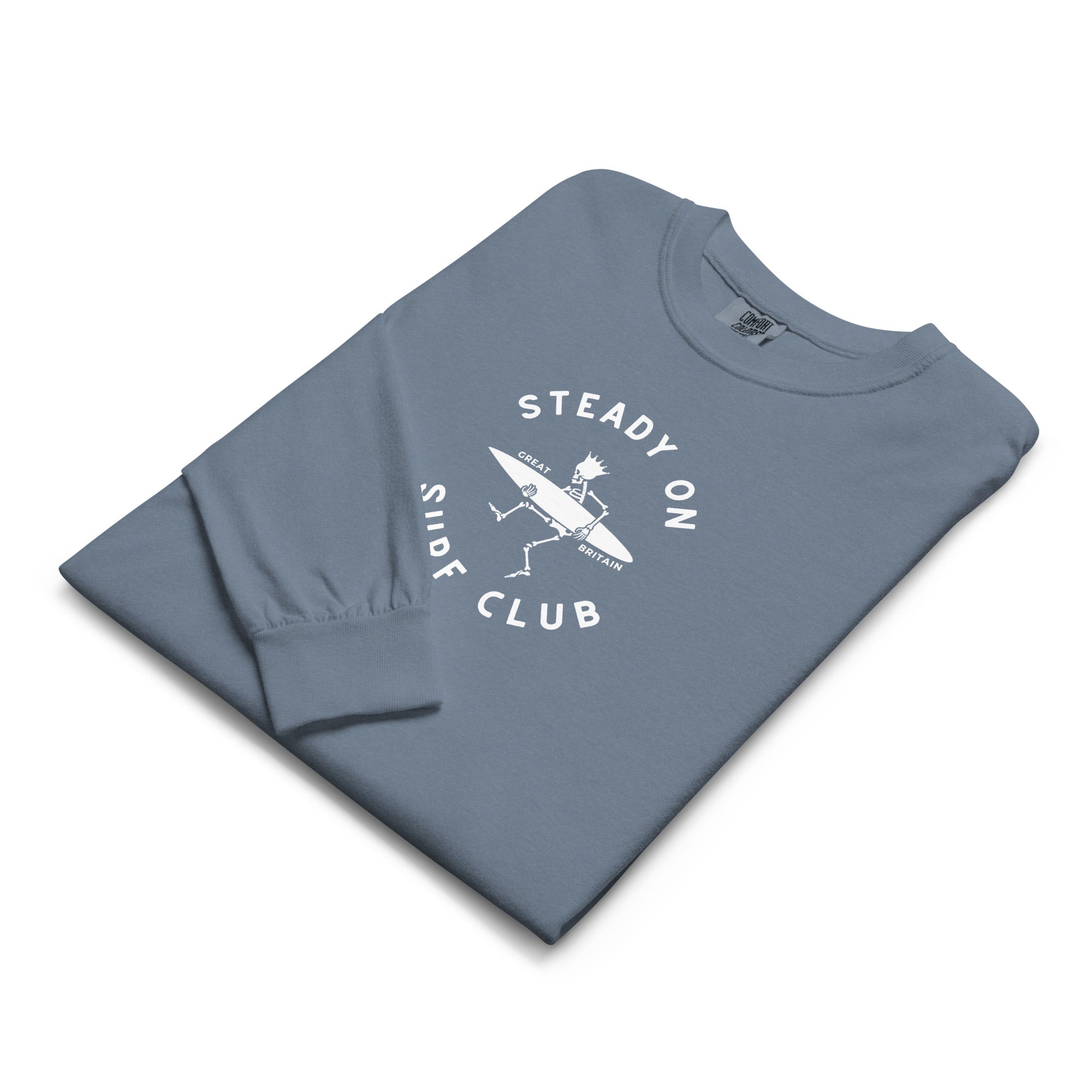 Steady On Surf Club | Great Britain | Skeleton Surf King | Garment-dyed Heavyweight Long-Sleeve Shirt.
