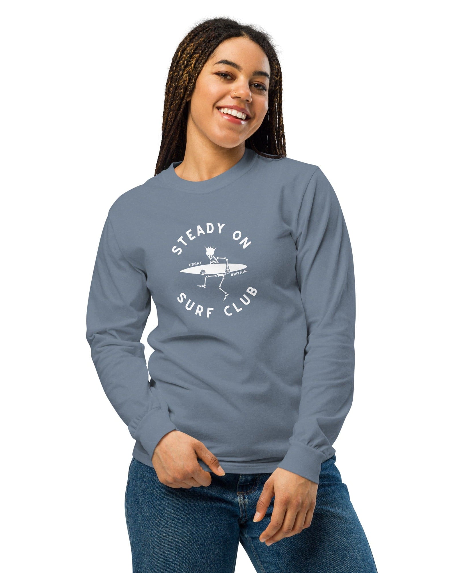 Steady On Surf Club | Great Britain | Skeleton Surf King | Garment-dyed Heavyweight Long-Sleeve Shirt.