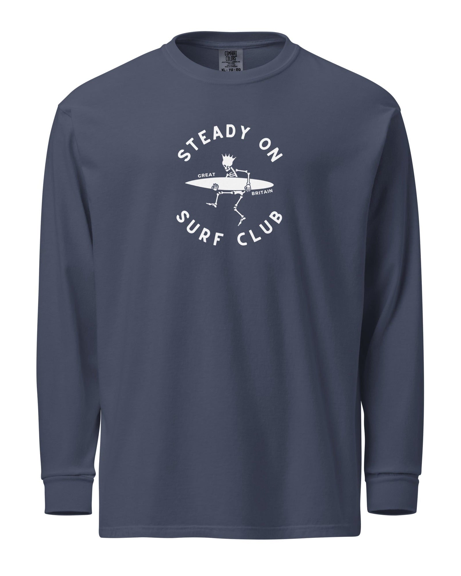 Steady On Surf Club | Great Britain | Skeleton Surf King | Garment-dyed Heavyweight Long-Sleeve Shirt.