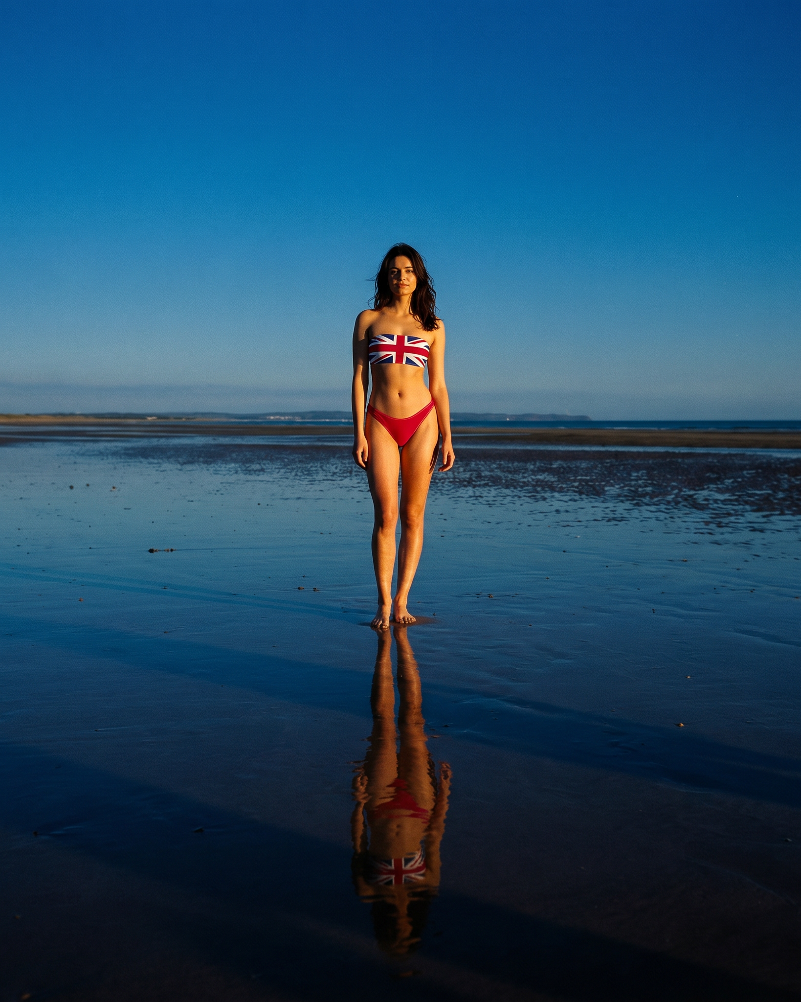 Woman in a bikini with a Union Jack design standing on a reflective beach.