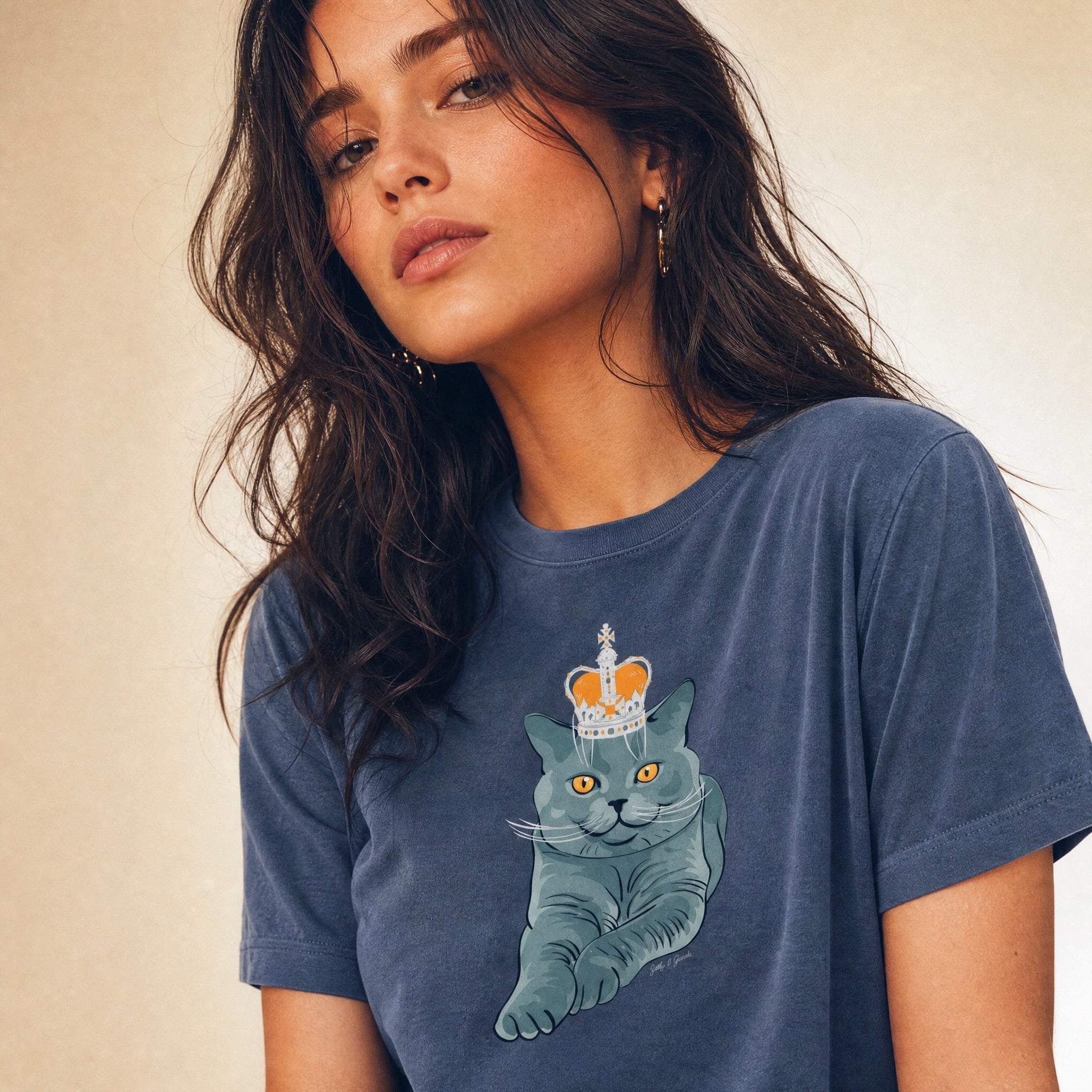Jolly & Goode Women's Shirts Women's Crowned British Blue Cat Tee | Garment Dyed Cheeky British Style