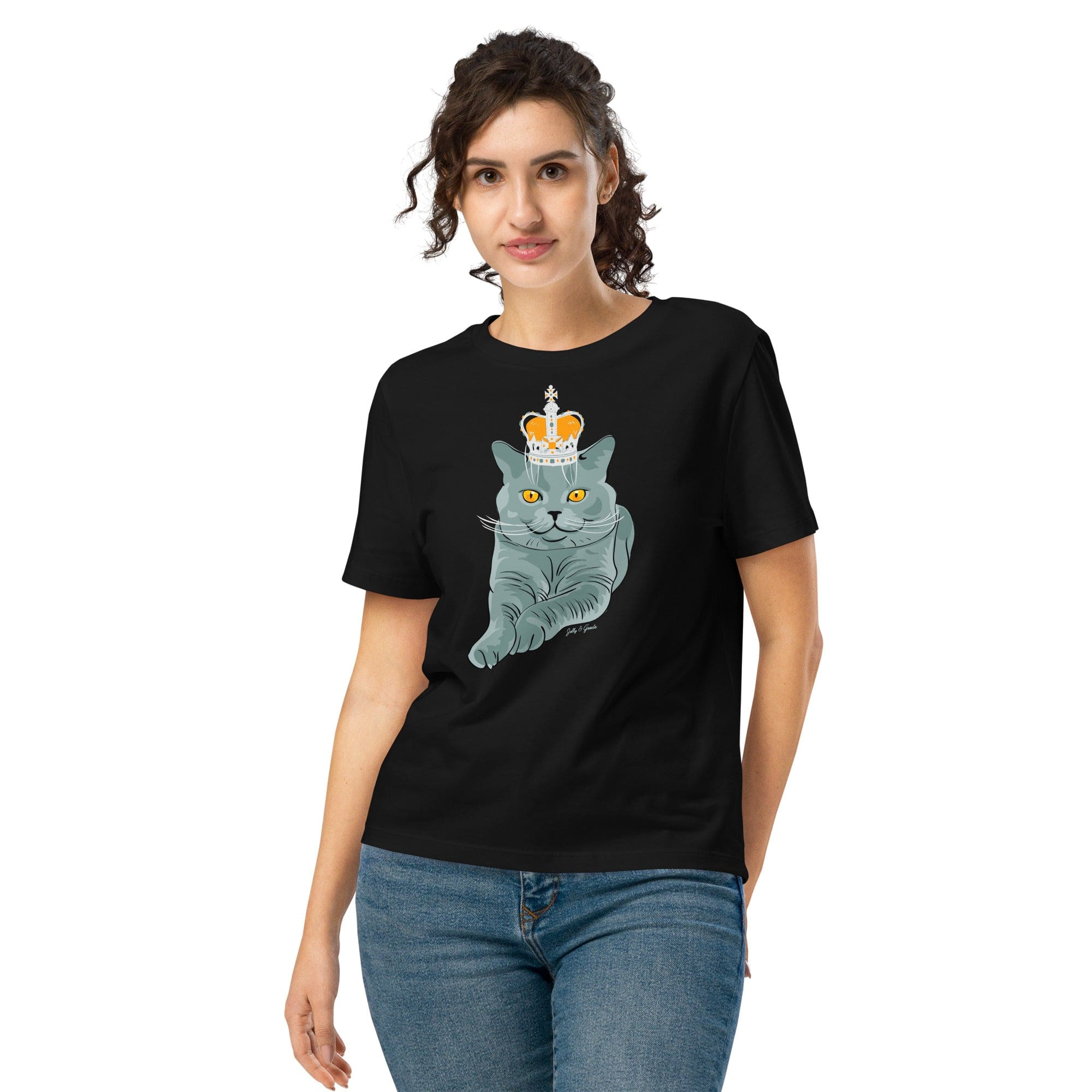 Crowned British Blue Shorthair Cat T-Shirt | Women’s Organic Cotton Tee Black / S Women's Shirts Jolly & Goode