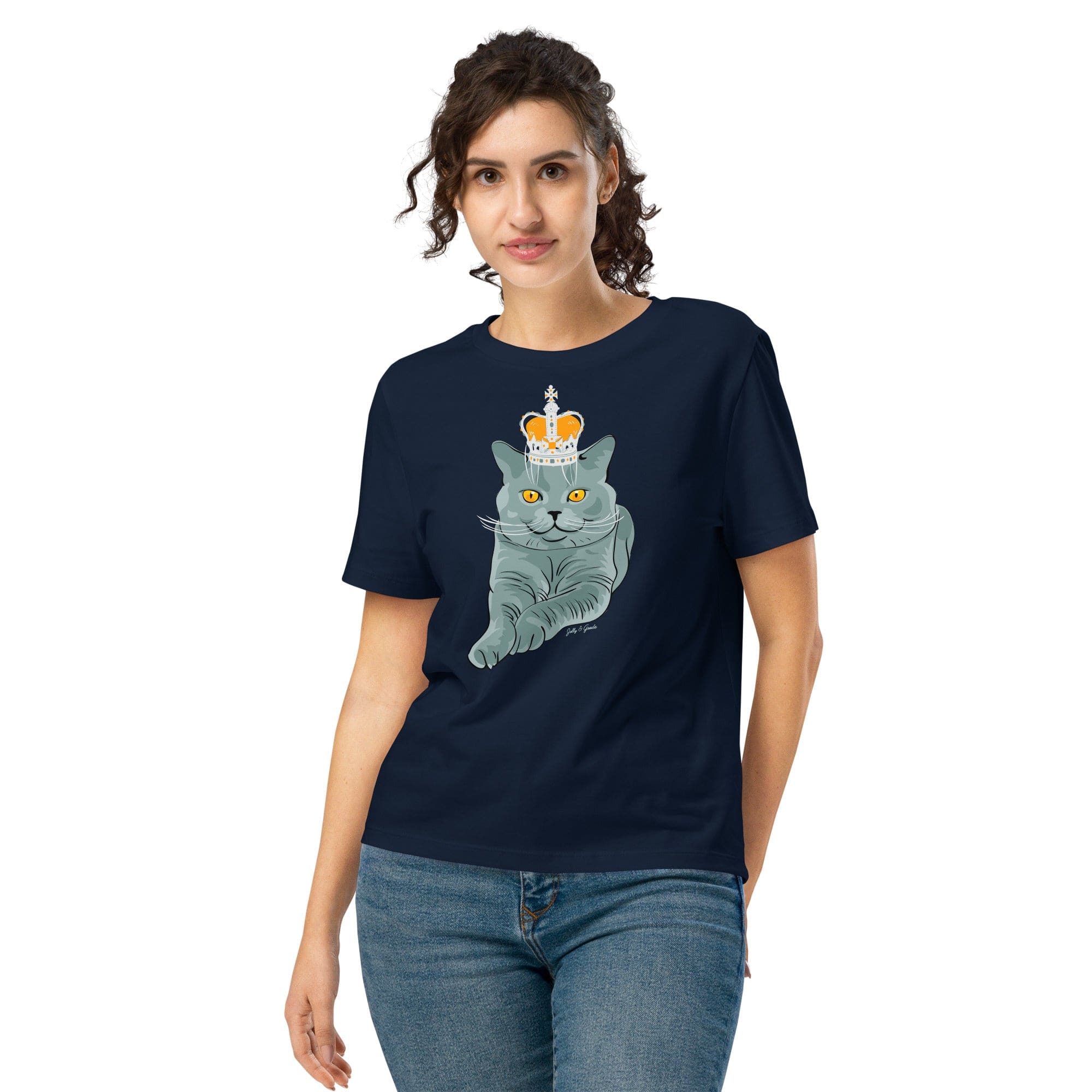 Crowned British Blue Shorthair Cat T-Shirt | Women’s Organic Cotton Tee French Navy / S Women's Shirts Jolly & Goode