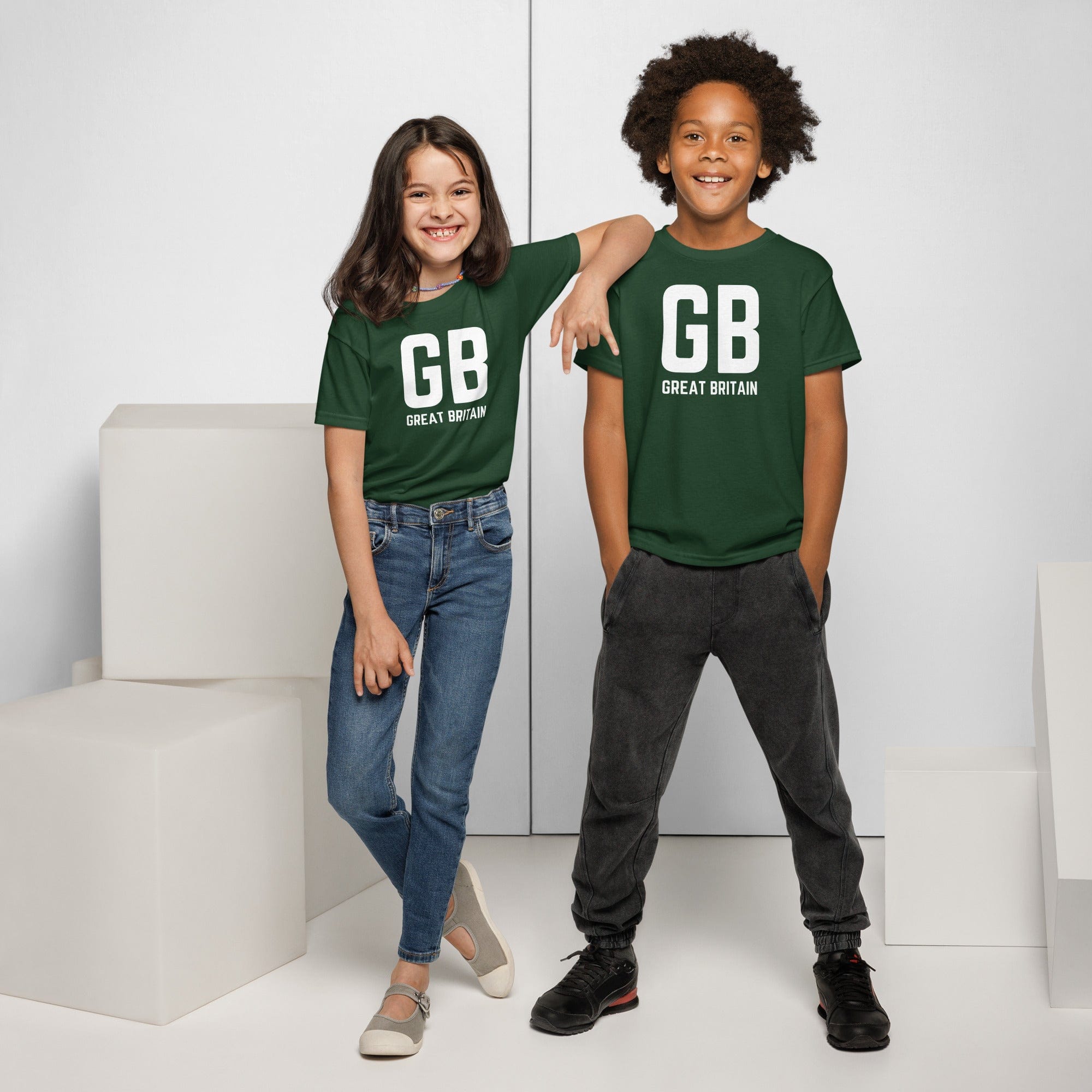 GB Great Britain T-shirt with Small Union Jack on The Back | Athletic Youth Tee Forest Green / XS kids shirts Jolly & Goode