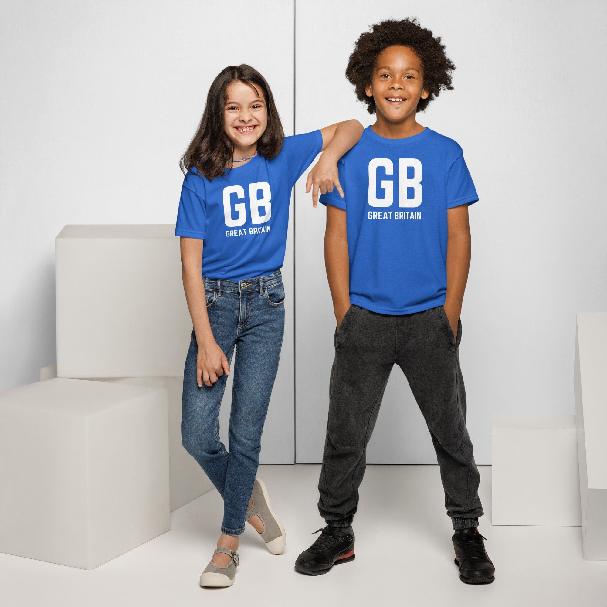 GB Great Britain T-shirt with Small Union Jack on The Back | Athletic Youth Tee Royal / XS kids shirts Jolly & Goode