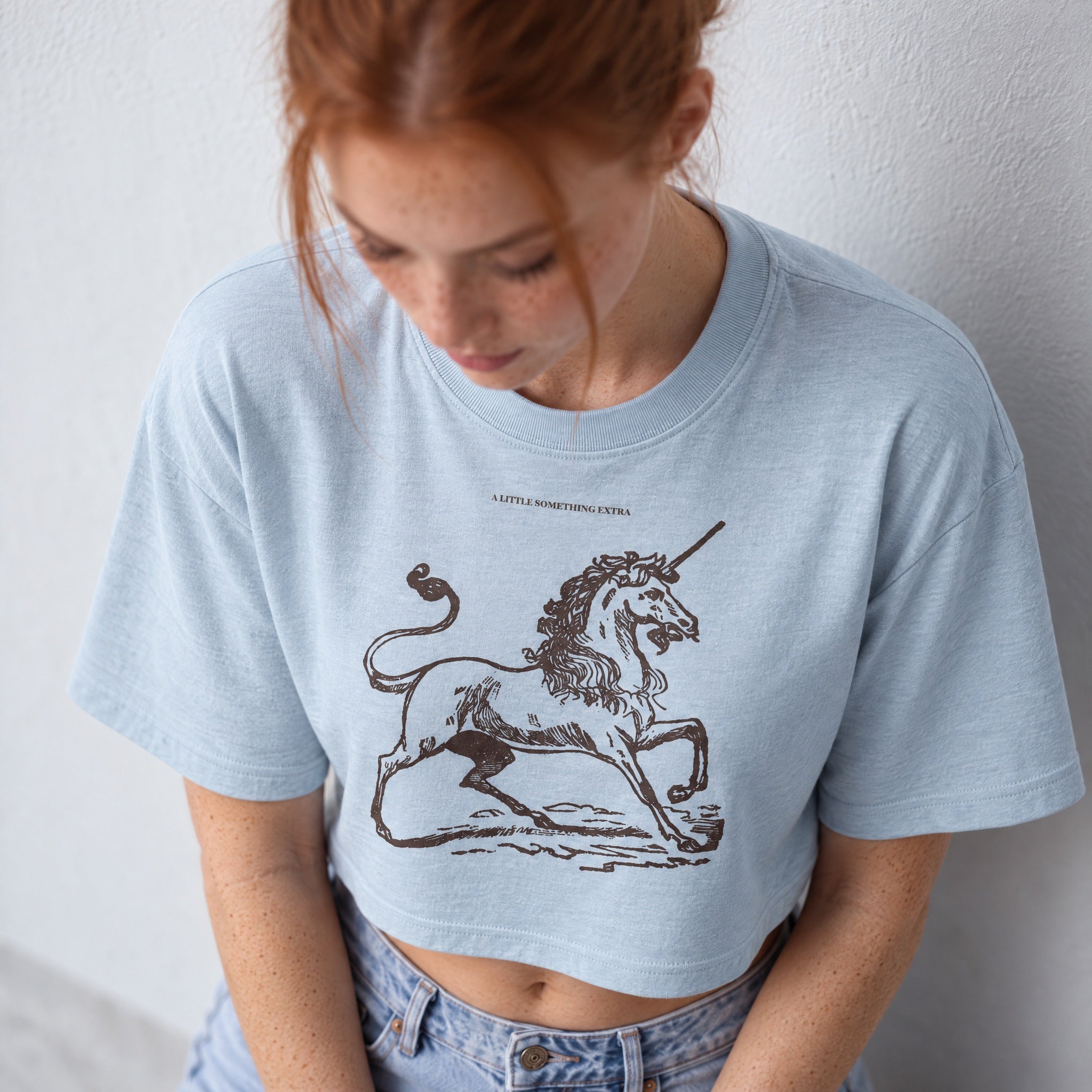 Jolly & Goode Crop Tops Light Washed Denim / S A Little Something Extra Unicorn Cropped Tee Cheeky British Style