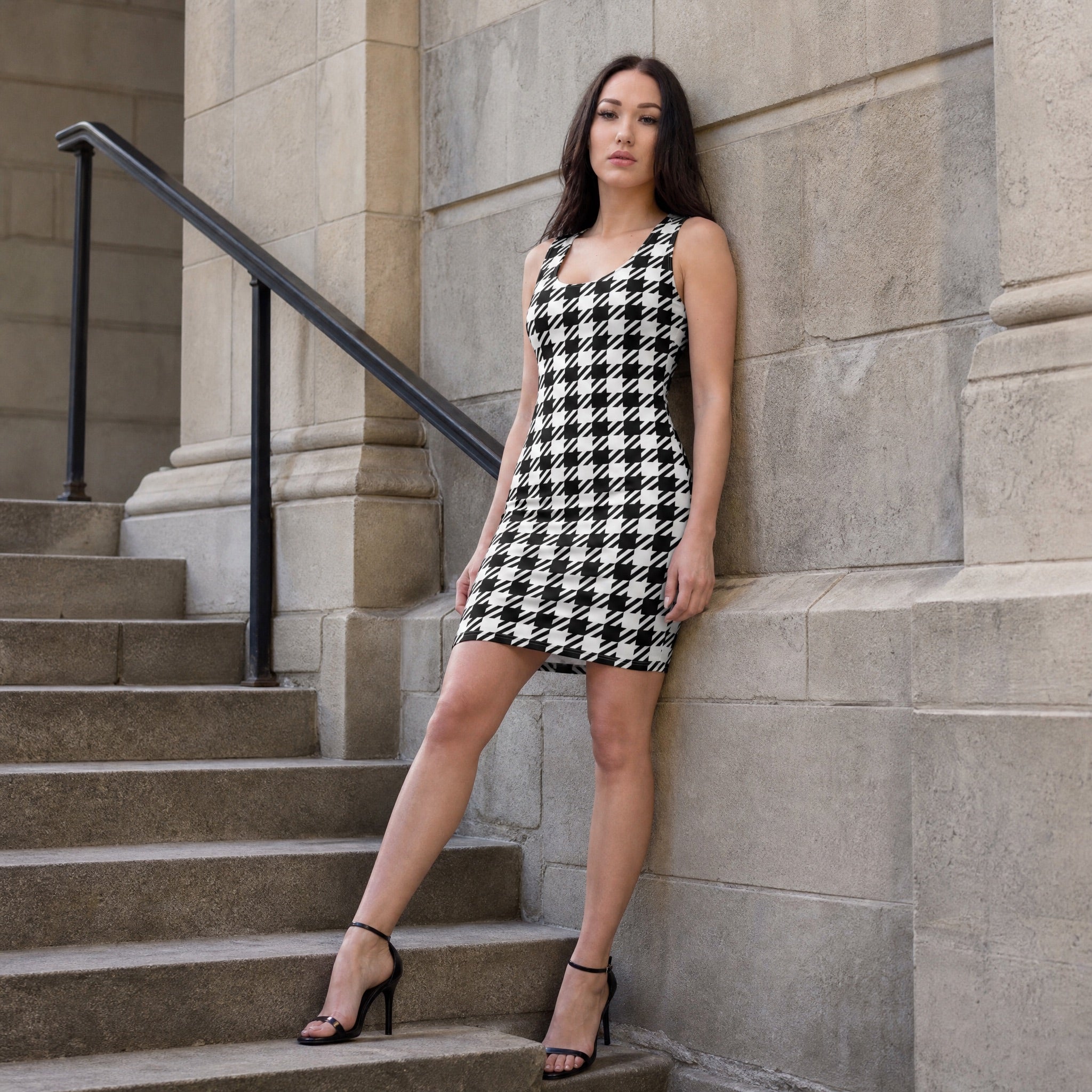 Jolly & Goode Fitted Dresses Black & White Houndstooth Bodycon Dress Cheeky British Style