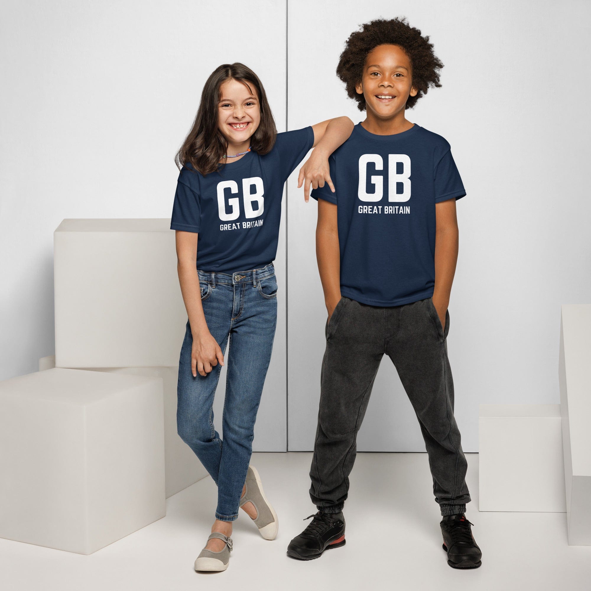 Jolly & Goode kids shirts Navy / XS GB Great Britain T-shirt with Small Union Jack on The Back | Athletic Youth Tee Cheeky British Style