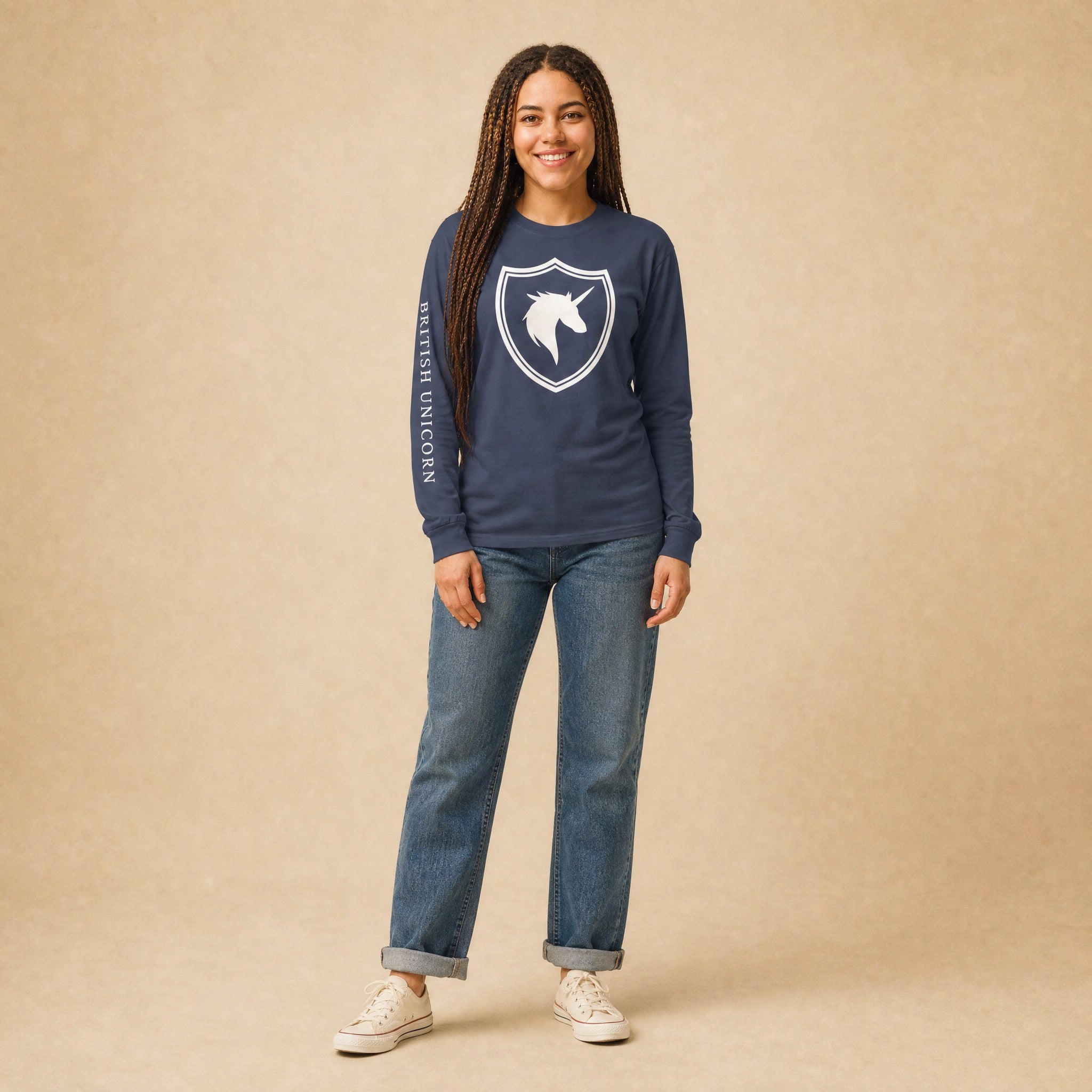 Jolly & Goode long sleeve shirts Navy / S British Unicorn Shield | Garment-dyed Long-Sleeve Shirt Cheeky British Style